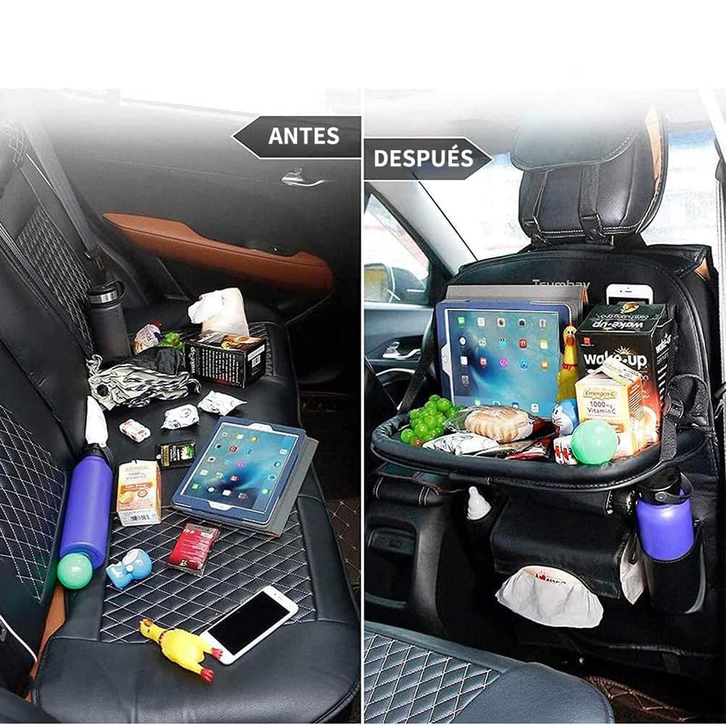 Organizador de Asiento Trasero, Piel Sintética Protectores de Respaldo de Asiento para Auto con 7 Compartimentos, Mesa de Comedor Plegable con Soporte, Espacio para Tableta (Negro)