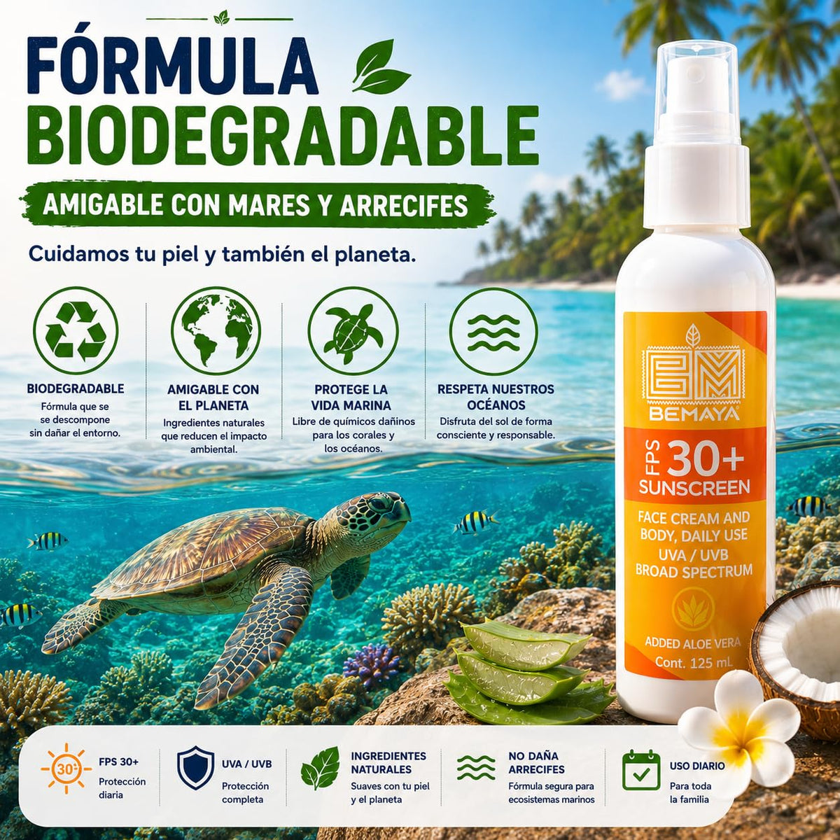 Bloqueador Solar Mineral Bemaya Coco FPS 30+ Biodegradable para Piel Sensible