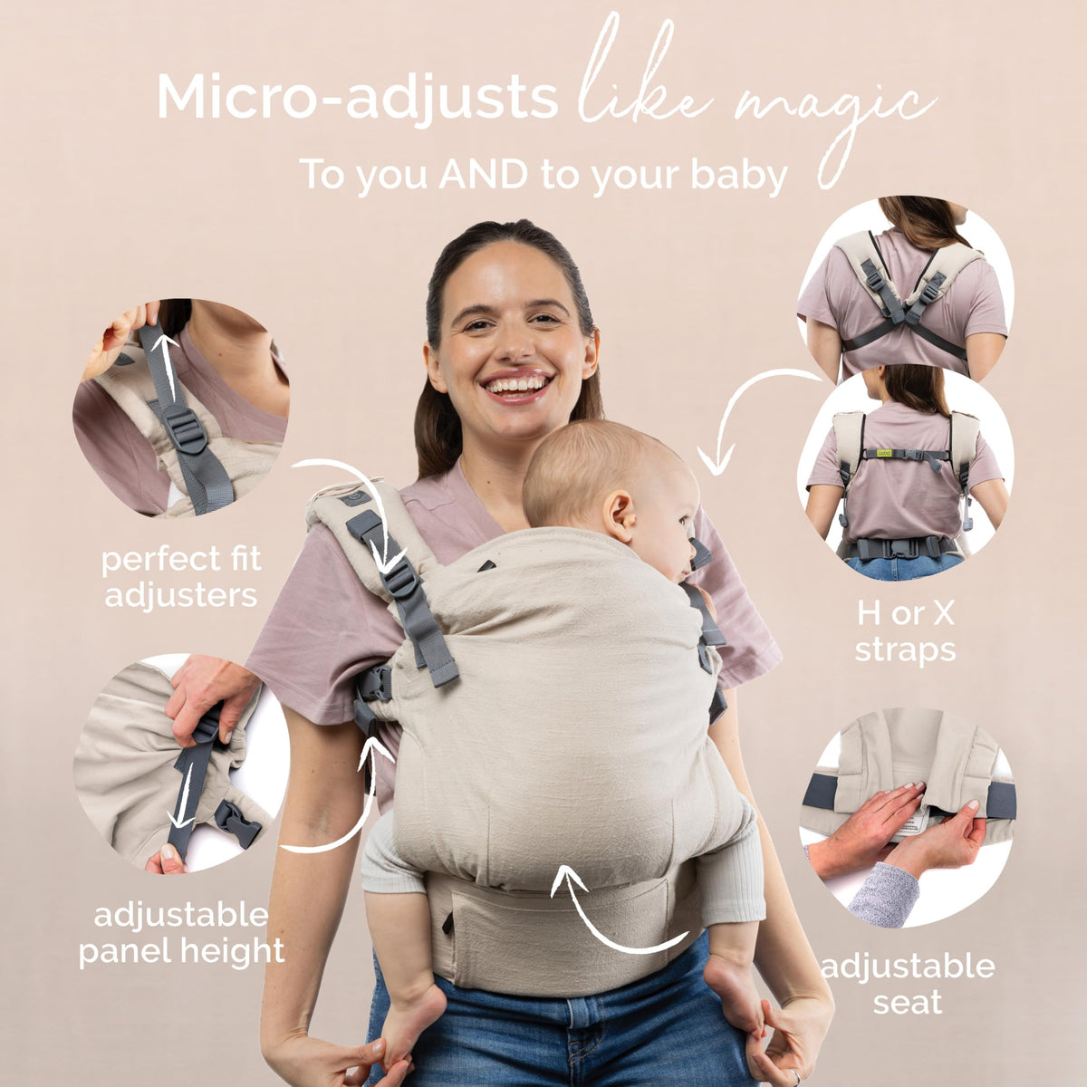 Portabebés Boba X para recién nacidos a niños pequeños - Mezcla de lino transpirable, certificado para cadera saludable, ligero, tamaño pequeño a grande 7-45 libras, portabebés microajustable desde