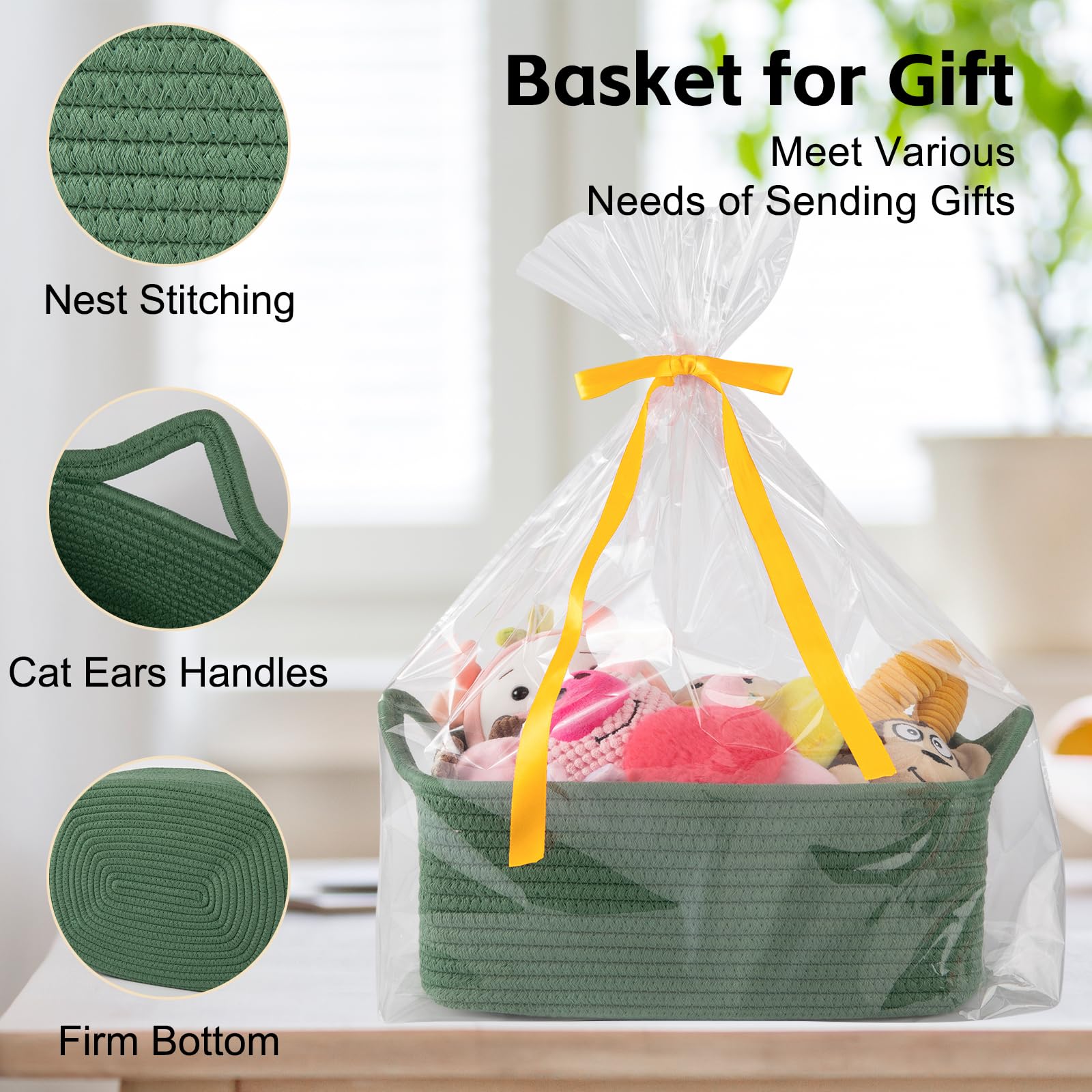 OIAHOMY - Bonita cesta tejida con bolsas de regalo y cintas, cesta de regalo vacía para baby shower, cumpleaños, cuarto de bebé con asas para sala de estar, contenedores de juguetes para mascotas para
