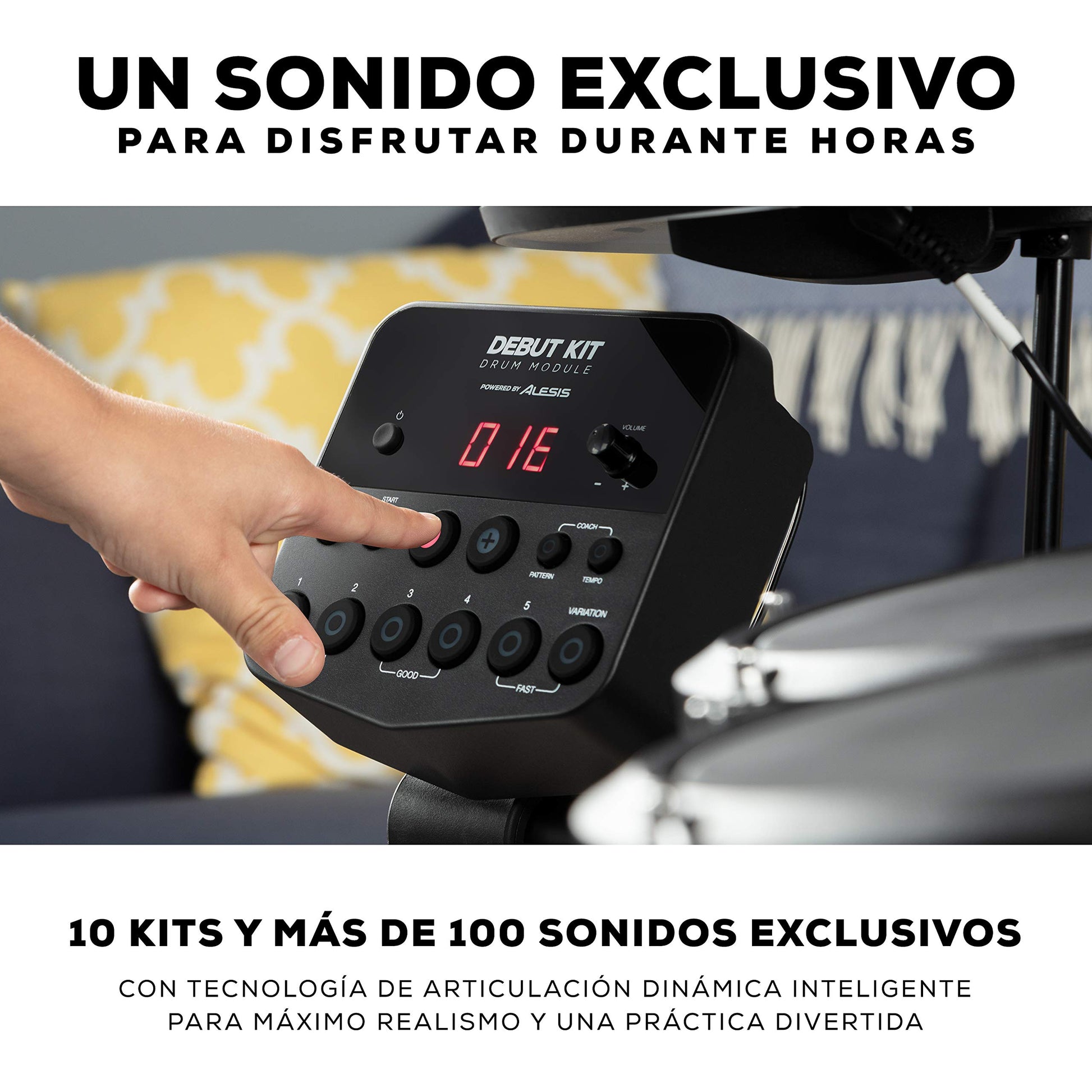Alesis Debut Kit - Bateria electrica para niños con 4 parches de malla, 120 sonidos, 100 lecciones, taburete, baquetas, llave de batería y auriculares