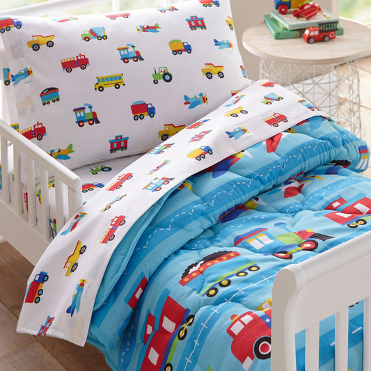 Wildkin Cama infantil de 4 piezas en una bolsa para niños y niñas, juego de ropa de cama de microfibra incluye edredón, sábana encimera, sábana bajera y una funda de almohada (trenes, aviones y camiones)