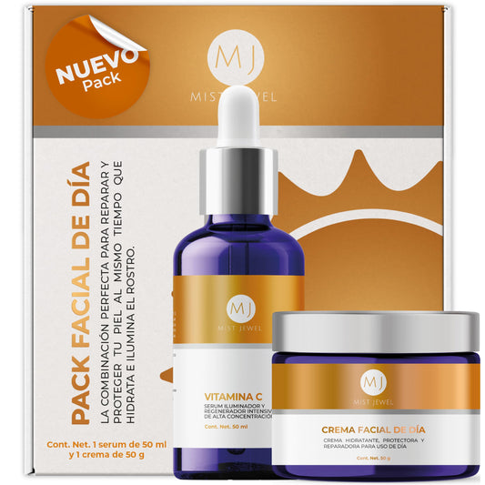 MIST JEWEL |Paquete Facial con serum Vitamina C + E + Ácido hialurónico y Crema de Día fotoprotectora FPS 30 Ácido Ferúlico y Vit C 50g | Skincare facial de máxima proteccion e hidratación para el día