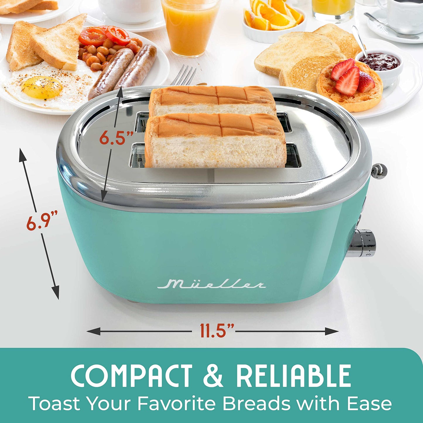 Mueller - Tostador retro para 2 rebanadas con 7 niveles de tostado y 3 funciones, calentar, descongelar y cancelar, acero inoxidable, charola de residuos extraíble, compartimento de cable bajo base,