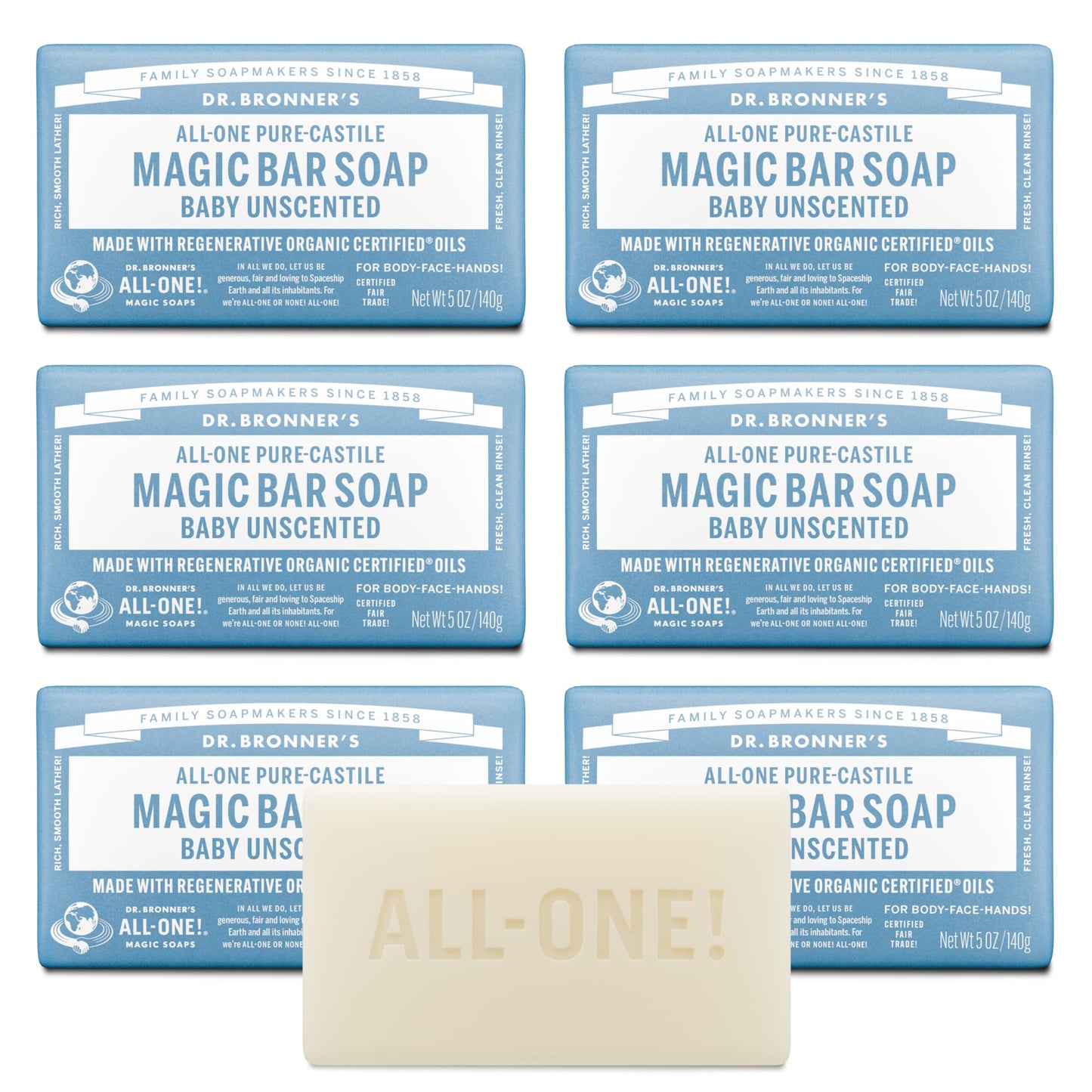 Dr. Bronner's | Jabón de castilla orgánico en barra, fórmula concentrada, suavidad pura y cuidado para piel sensible, sin aceite esencial, aroma Sin Aroma (6 pack)