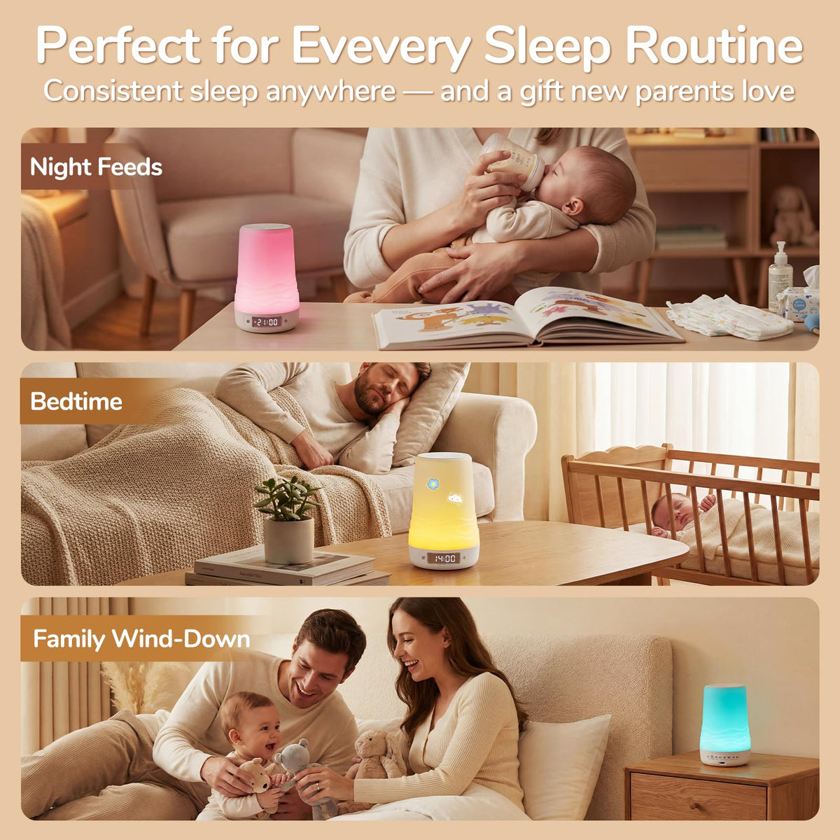 Mewaii Máquina de ruido blanco para bebés y adultos, luz nocturna RGB de 360°, detección de llanto con IA, control por app, 100 sonidos relajantes, creador de rutinas de sueño, artículos esenciales pa