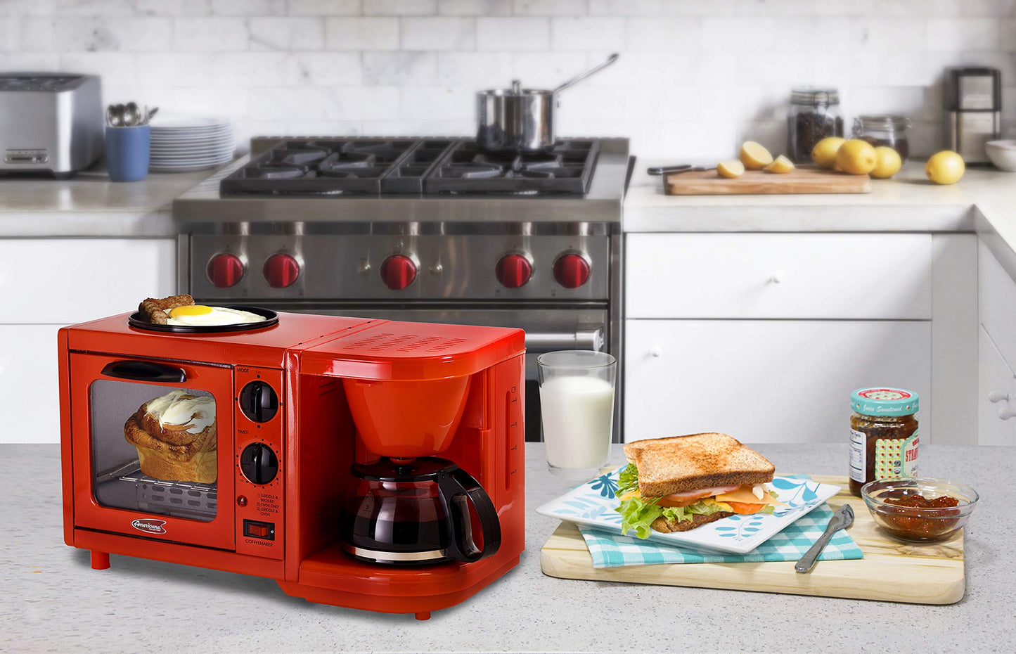 Elite Cuisine EBK-200R Maxi-Matic 3-in-1 Multifunction Breakfast Center, Red