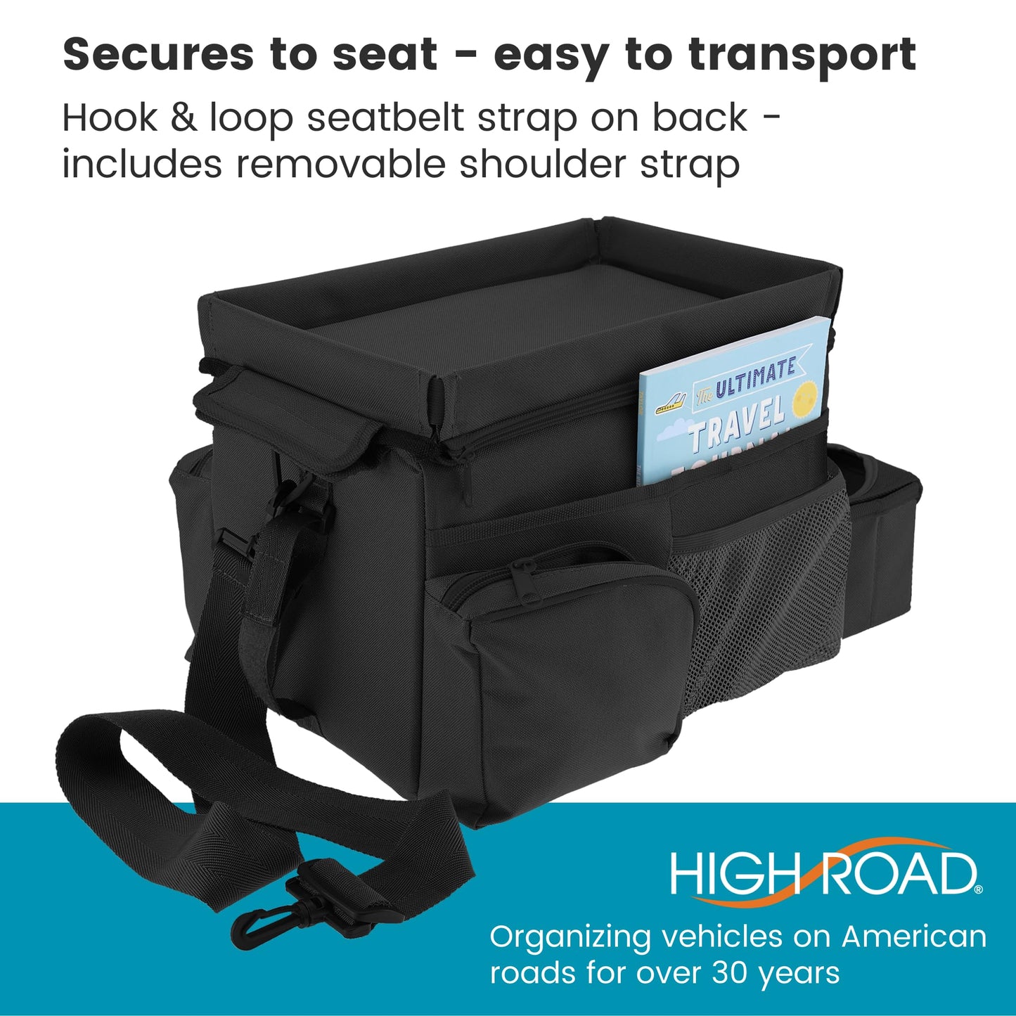 High Road CarHop Organizador de asiento de coche para el asiento delantero o trasero para niños y adultos con bandeja para portavasos y bolsillos laterales y compartimento para enfriador