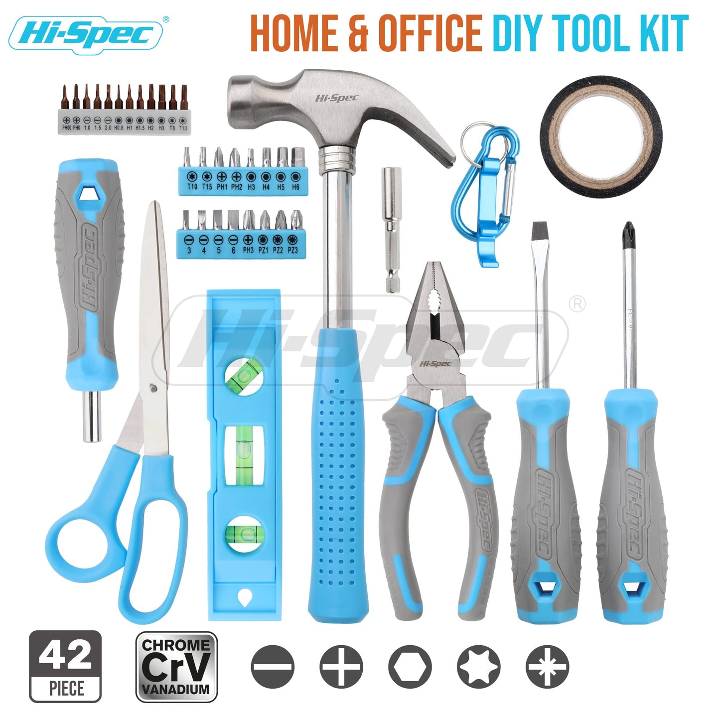 Hi-Spec Caja de Herramientas Azul de 42 piezas. Juego de Herramienta Completa Para Bricolaje, Reparaciones y Mantenimiento Diario en el Hogar, Taller, y Oficina. Con Maletín Compacto para Transporte