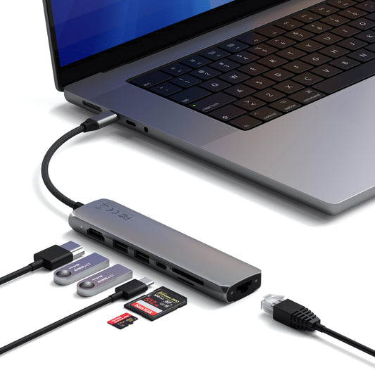 Adaptador USB-C Satechi Gris Espacial 7 en 1 con HDMI 4K y Carga PD 100W para MacBook Pro/Air, iPad, iPhone, Windows