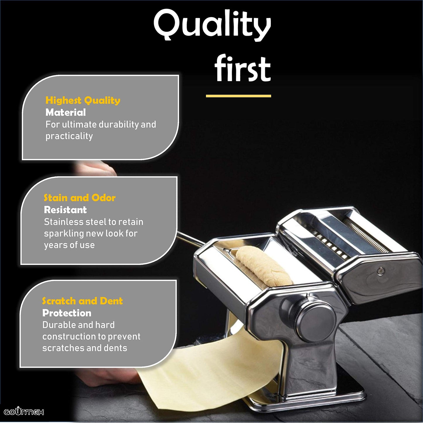Máquina para hacer pasta manual GOURMEX de acero inoxidable con ajustes de grosor, perfecta para espaguetis y fettuccini caseros profesionales. Incluye mango y abrazadera extraíbles (Plata)