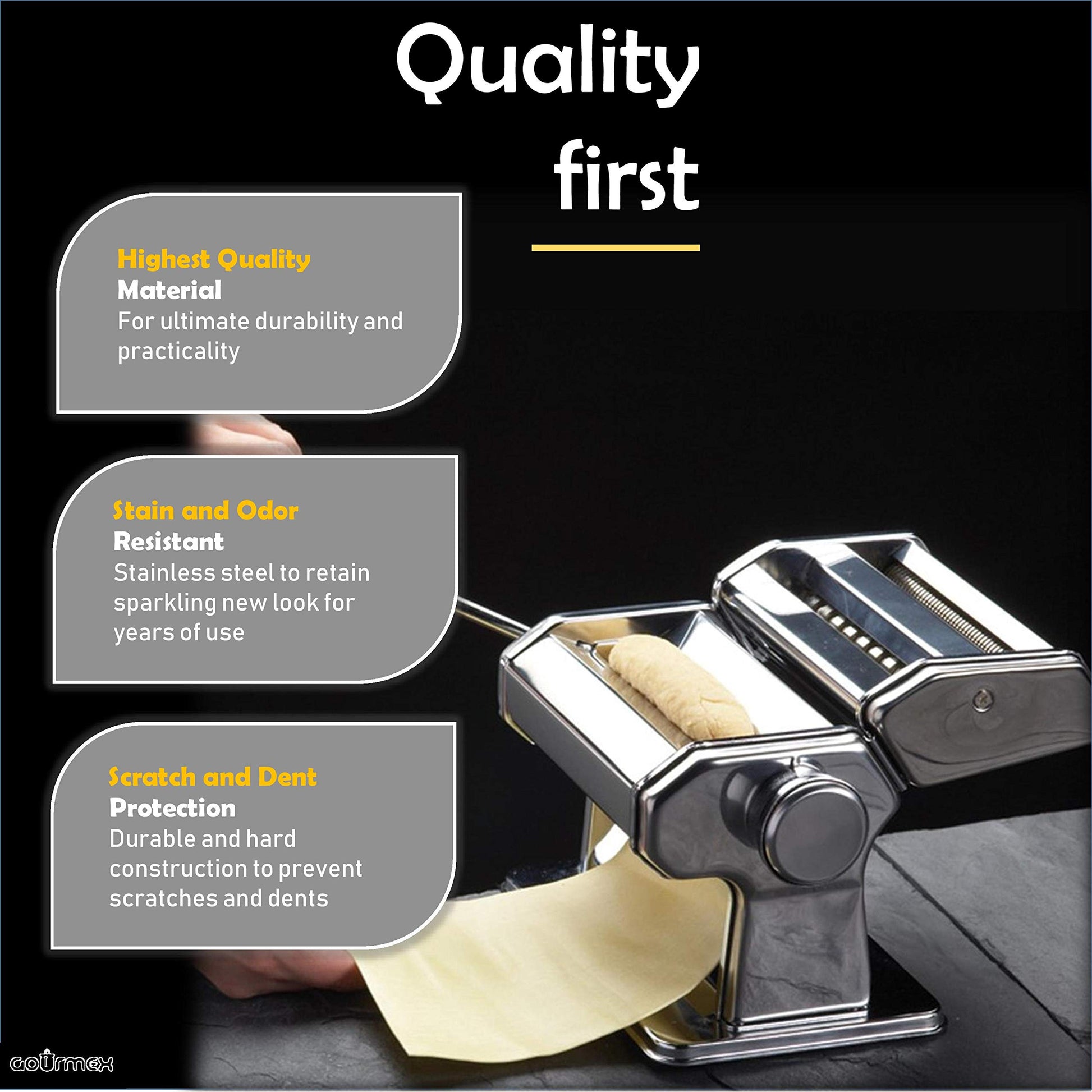 Máquina para hacer pasta manual GOURMEX de acero inoxidable con ajustes de grosor, perfecta para espaguetis y fettuccini caseros profesionales. Incluye mango y abrazadera extraíbles (Plata)