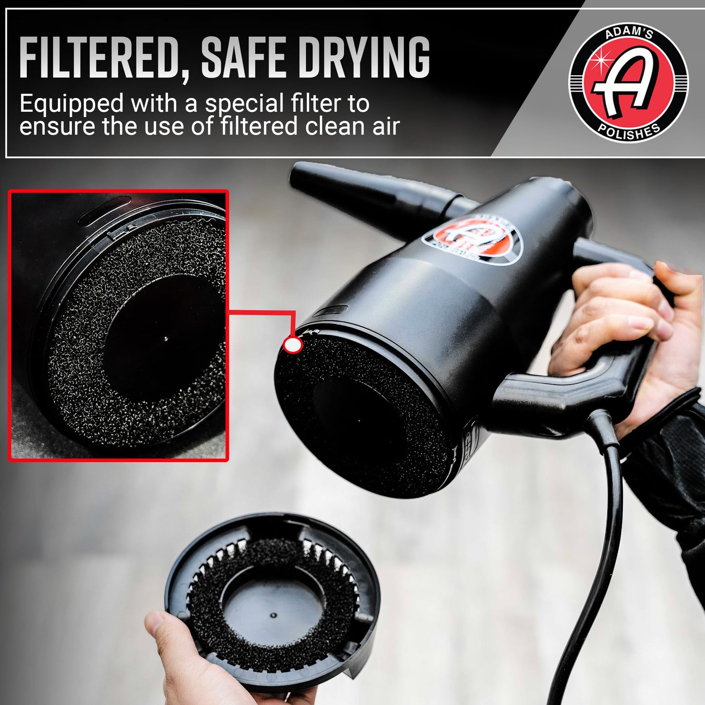 Cañón de Aire Adam's Mini Negro de Alta Potencia para Secado de Lavado de Coche