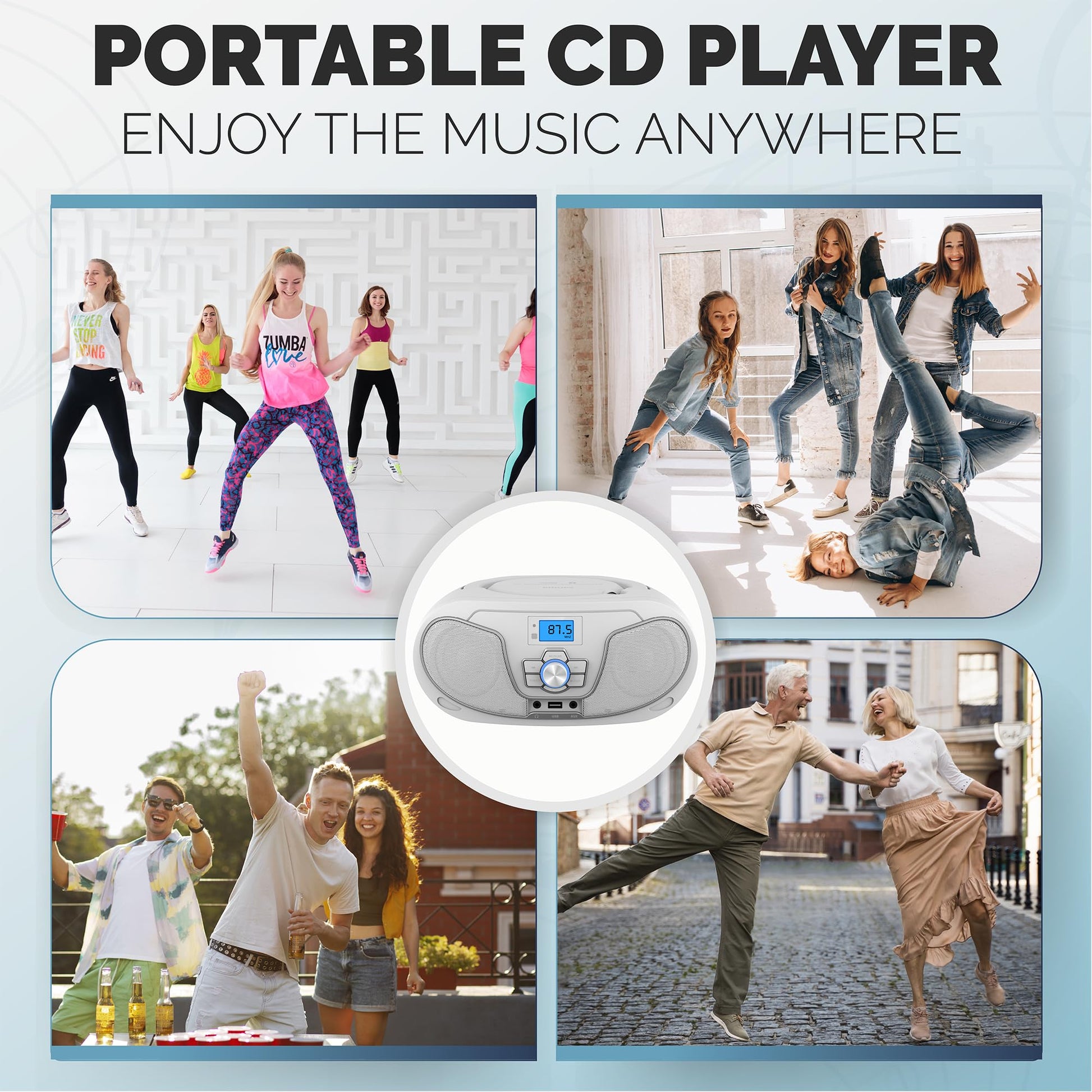 Philips Reproductor de CD Boombox, Aumento de graves dinámico con Bluetooth, Radio FM, Reproducción USB y entrada AUX, Boombox portátil de carga superior, Estéreo claro, Compatible con RW/MP3 (Blanco)
