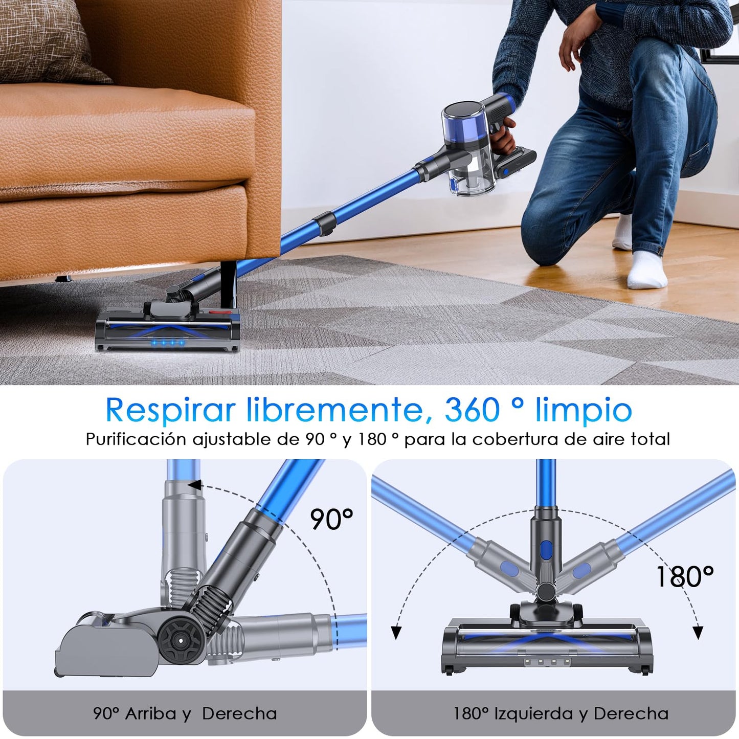 Aspiradora Inalámbrica, Aspiradora de Mano, 45Kpa Aspiradora Vertical, Succión Potente, Aspiradora Inalámbrica y Trapeador con Antienredos para Alfombras, Pelo de Mascotas, Pisos de Madera Dura