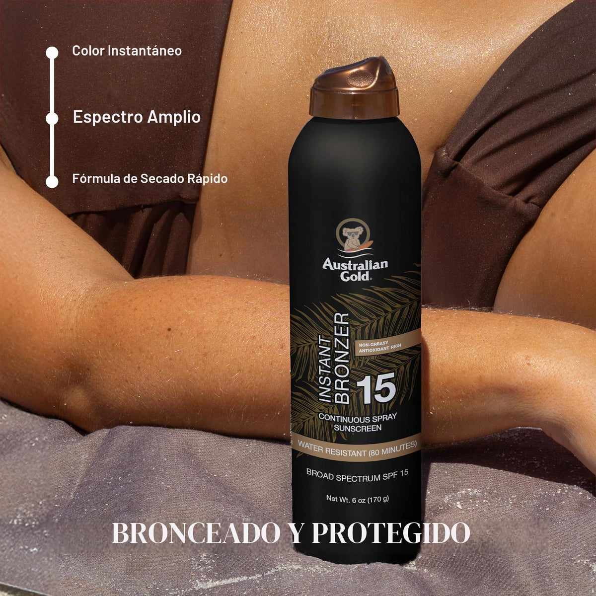 Australian Gold Instant Bronzer Water Resistant Sunscreen Spray SPF 15, 6 Ounce