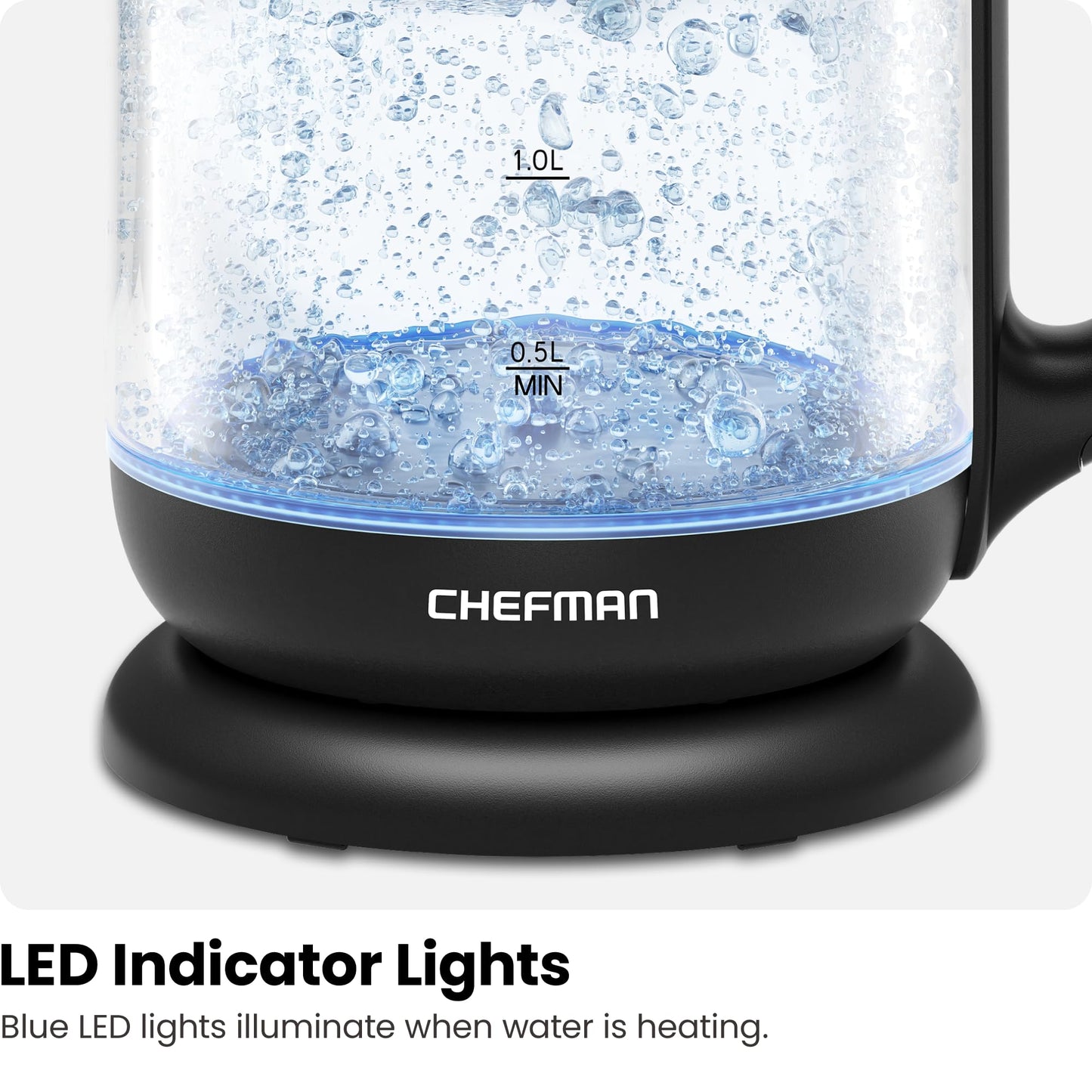 Chefman | Tetera con Jarra de Cristal | Hervidor Eléctrico de 1.7 Litros | Base de 360 Grados | Luz Led