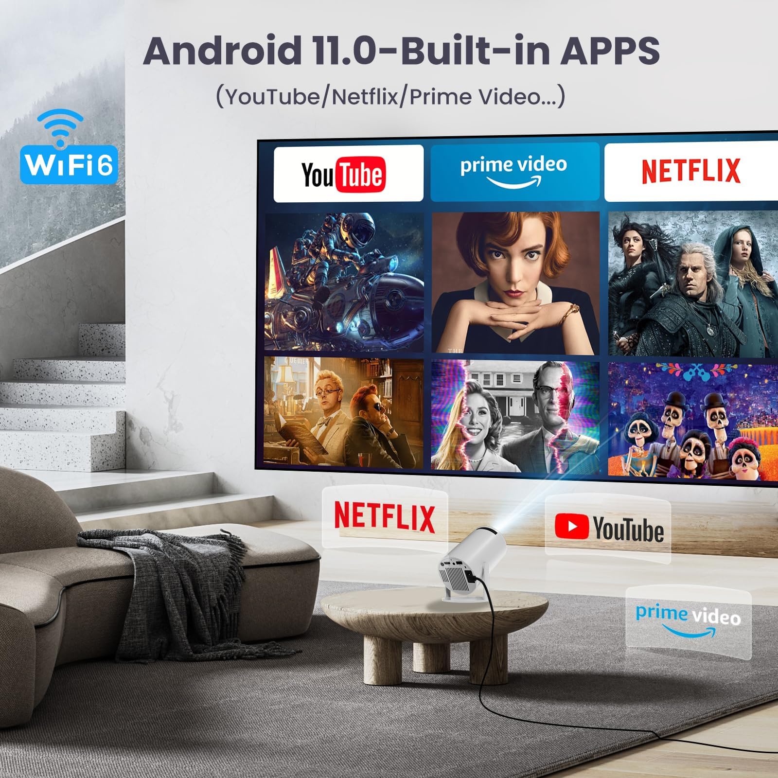 GILLAS Mini Proyector Inteligente con 4K 5G WiFi, Experiencia de Pantalla Grande con Sonido Premium, Pantalla de 150 Pulgadas,Proyector de Películas Bluetooth 5.2 Compatible con Android/iOS/HDMI/USB