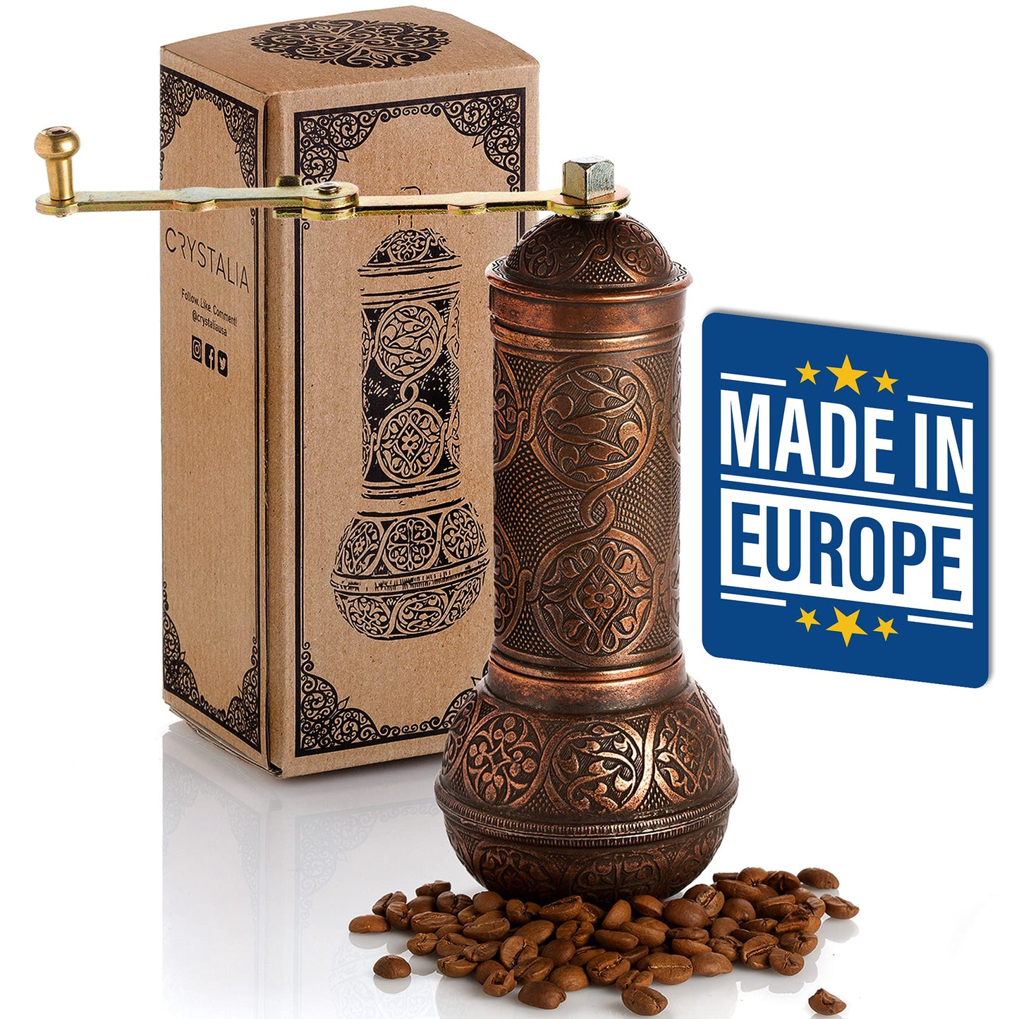 Crystalia - Molinillo de café recargable, auténtico molino manual con molinillo ajustable, molino de café antiguo con manivela, grosor ajustable