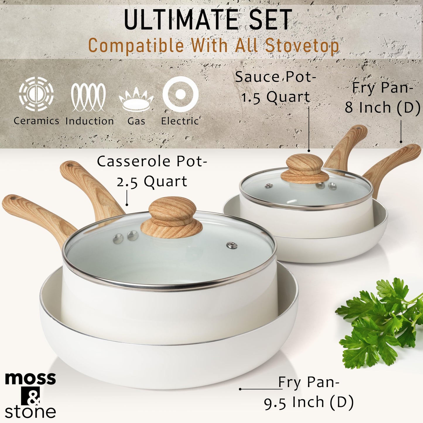 Juego de Utensilios de Cocina Moss & Stone con Tapa de Vidrio y Asas Frescas