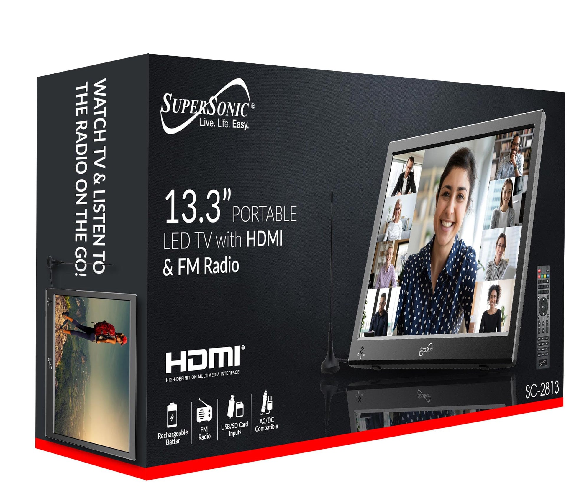 Televisor LED Portátil Supersonic 13" con USB/SD, HDMI, Radio FM y Batería Recargable