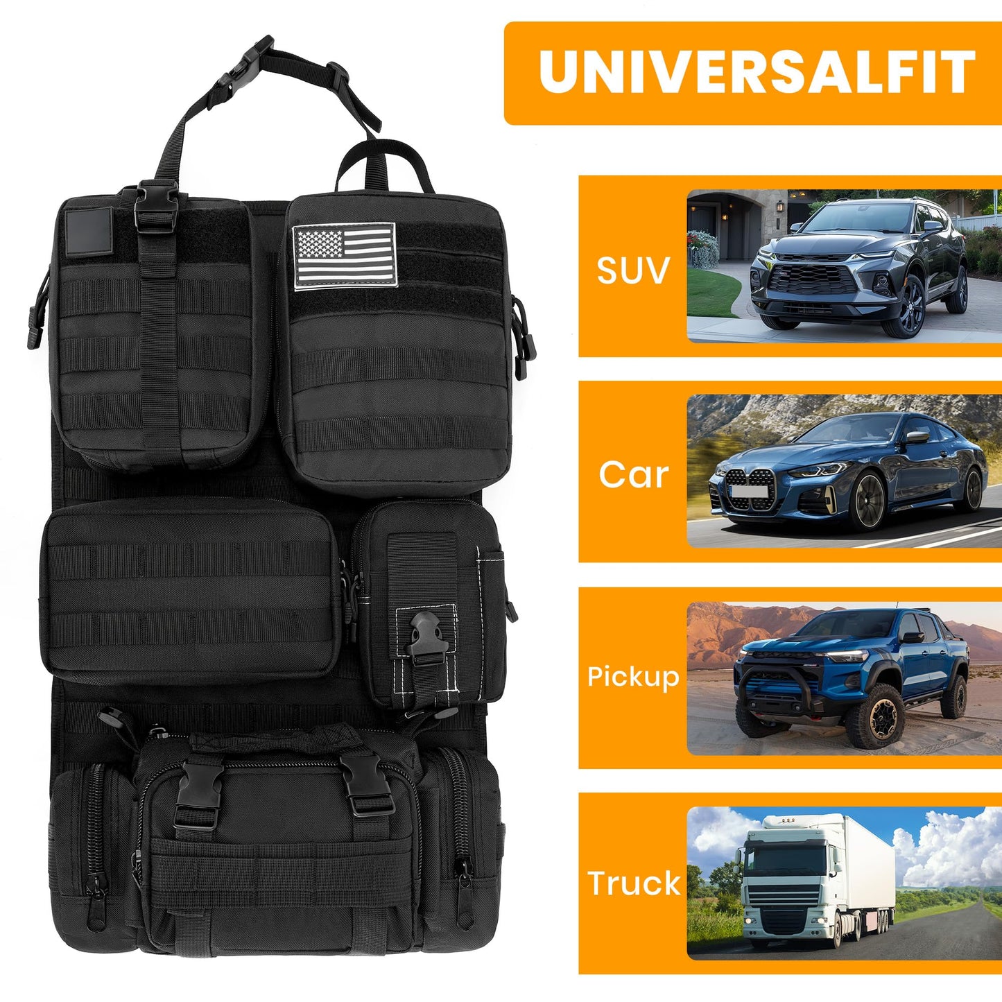 HMLIN OUTOOORS Paquete de 6 organizadores tácticos MOLLE para asiento de coche, negro, universal, con 5 bolsas MOLLE desmontables, parche y llavero de la bandera de Estados Unidos