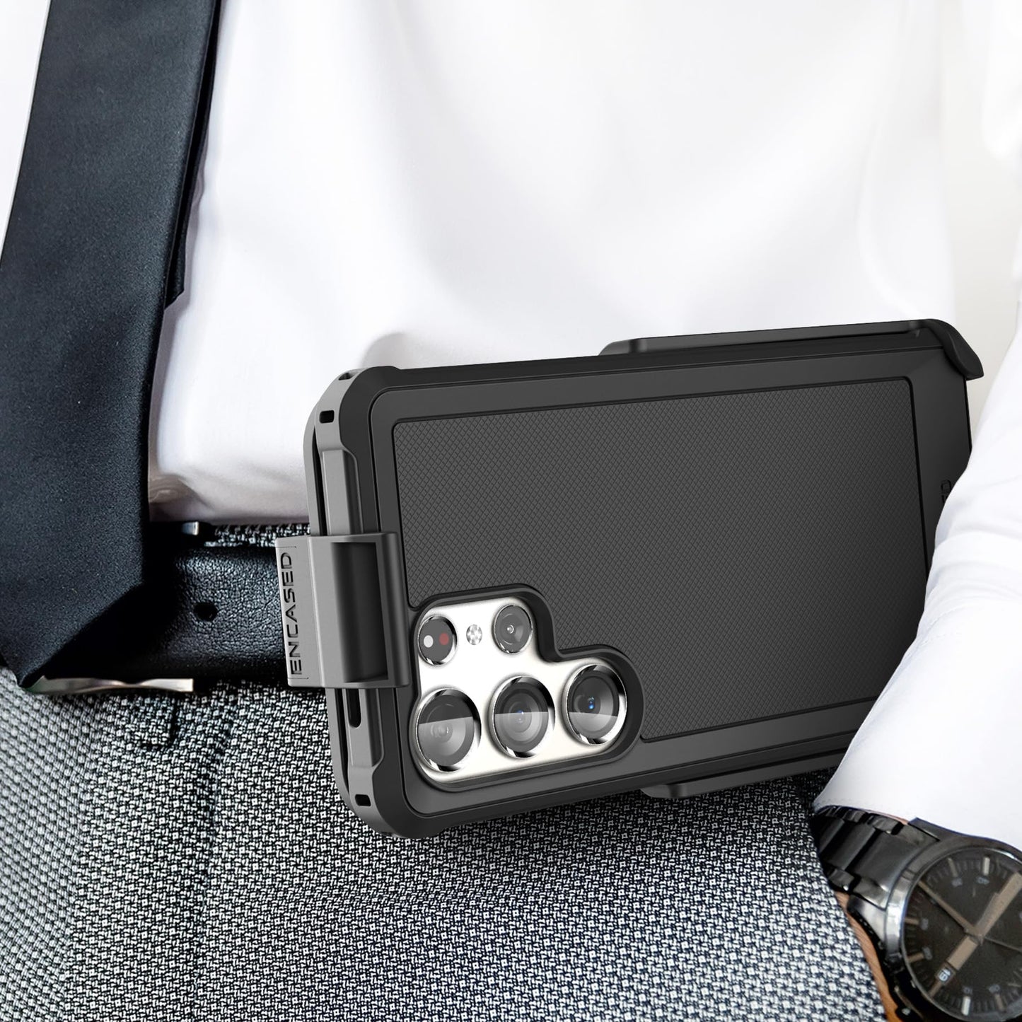 Funda con cinturón Falcon Encased diseñada para Samsung Galaxy S24 Ultra - Funda protectora con protector de visualización de vidrio templado (negro)