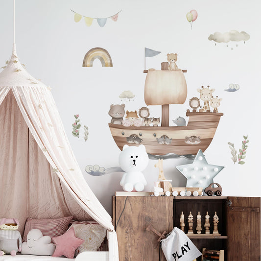 Calcomanías de pared de animales de Arca de Noé, león, oso pequeño, jirafa, animales de barco, perfectos para el recámara de tu hijo, niñas y niños, habitación de bebé, cuarto de bebé, habitación de