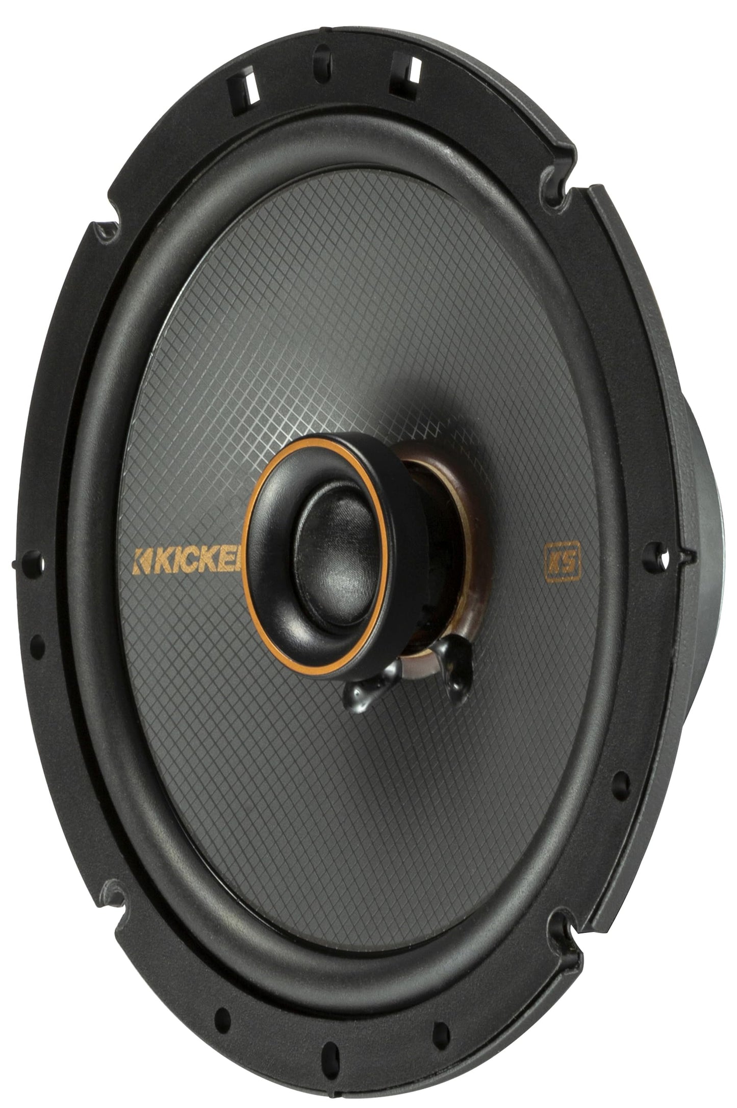 Sistema de altavoces coaxiales KICKER 51KSC6704, diseño de 2 vías, un (1) par, woofer/rango medio de polipropileno de 6.75 pulgadas (165 mm), tweeters de cúpula de seda de 3/4 pulgadas (20 mm), 100