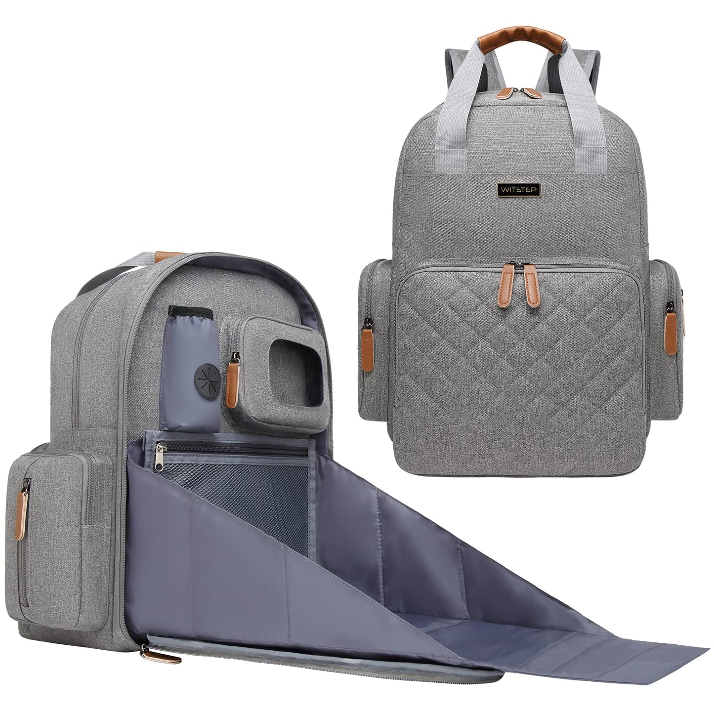 WITSTEP - Mochila para pañales con estación de cambio, organizador de pañales para bebés, para mamás, papás, bolsas grandes para cambiar de bebé, Gris, 15 x 7.5 x 19 inches, Mochila para pañales con