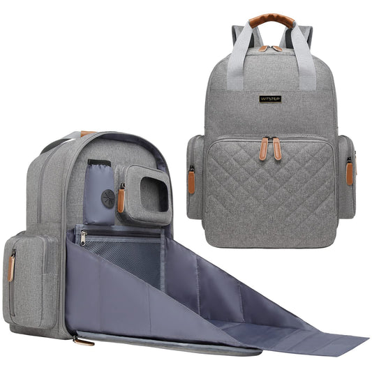 Mochila para Pañales WITSTEP Gris con Estación de Cambio para Mamás y Papás