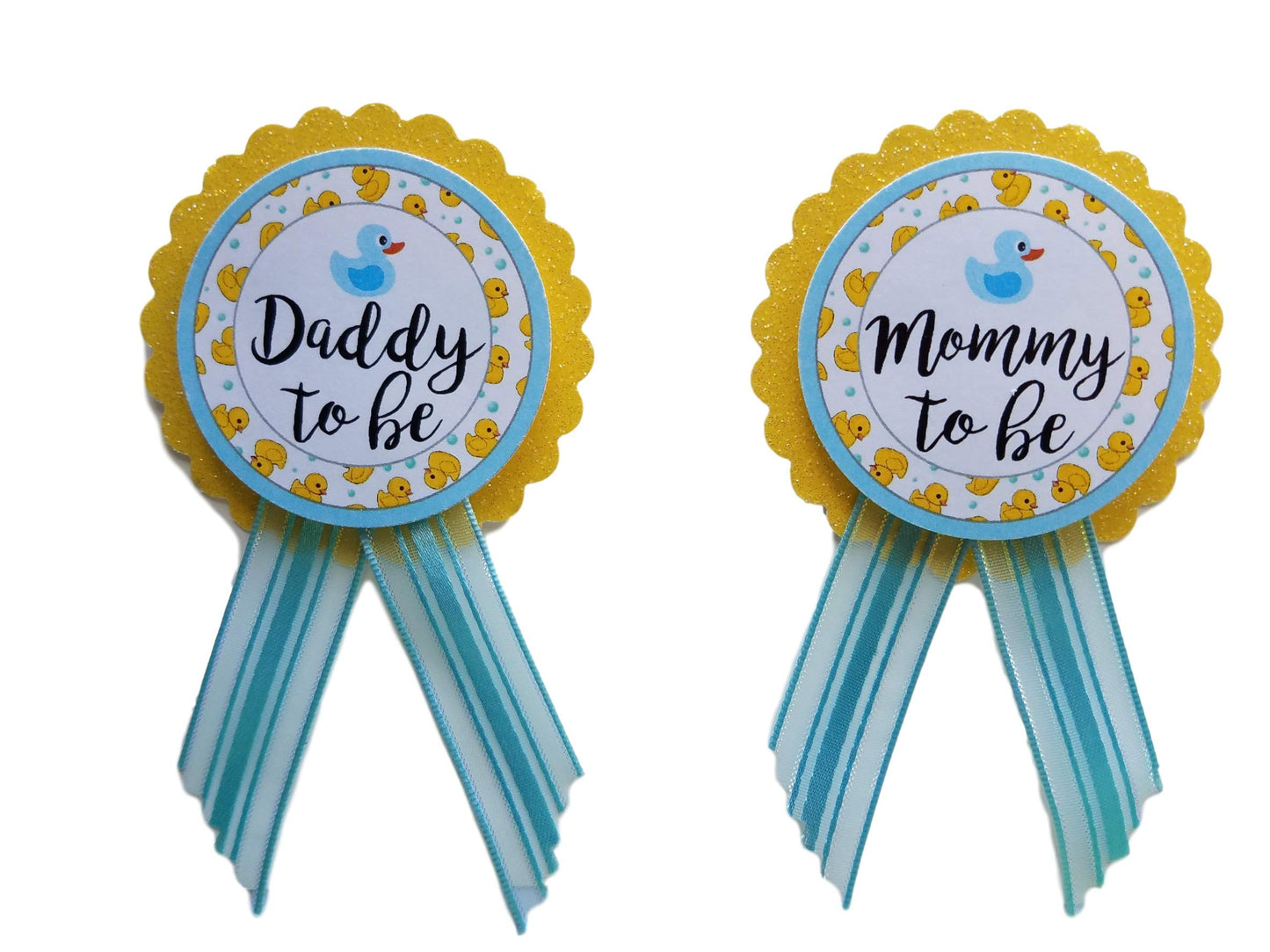 Amy's Bubbling Boutique Mommy & Daddy to Be Pin Duck Baby Shower amarillo y azul It's a Boy, Baby Sprinkle revelación de género