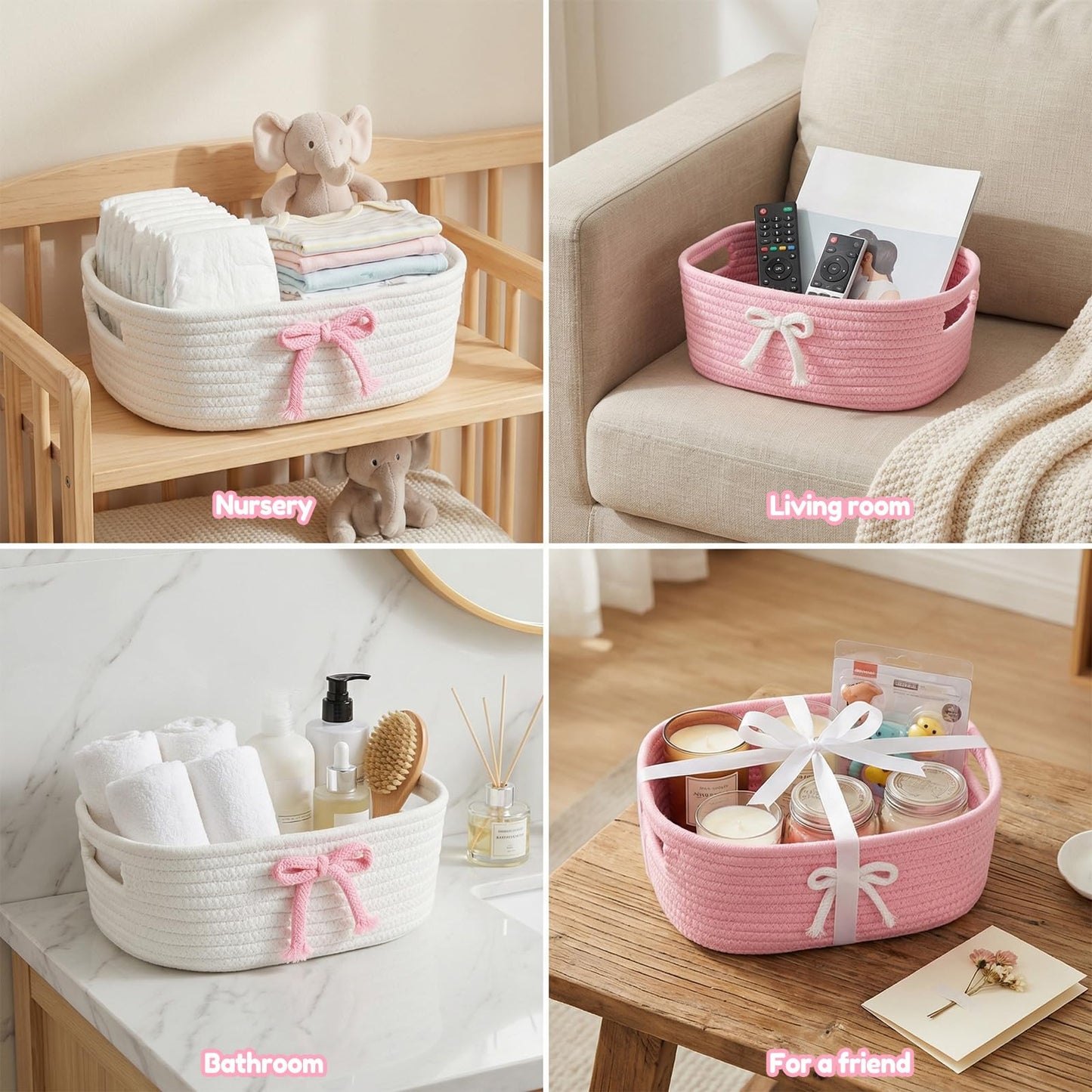 XYTZHSAI 3 cestas de lazo rosado, cestas de almacenamiento de cuerda de algodón tela coqueta con asas, bonita cinta decorativa para ropa de bebé, estante, maquillaje, pañales, organizador de anidación