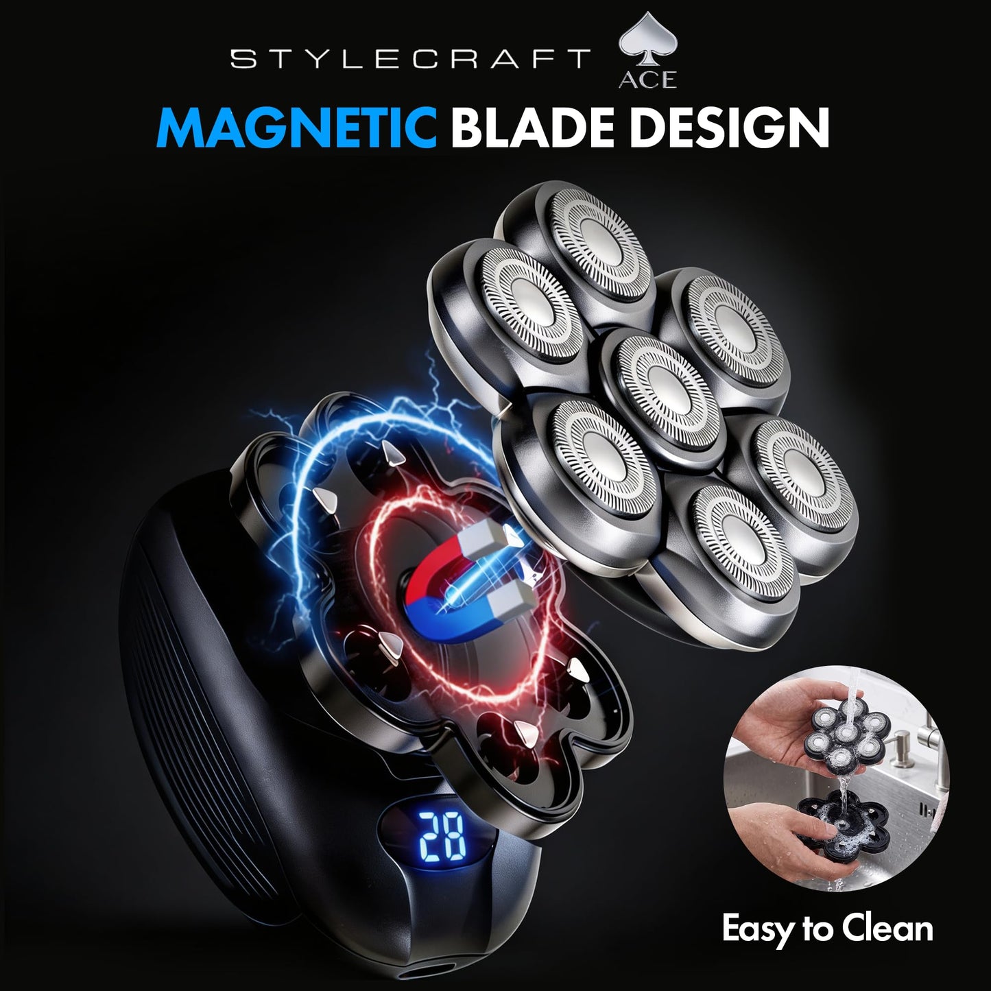 StyleCraft Ace 7X - Afeitadora rotativa de cabeza calva, maquinilla de afeitar eléctrica inalámbrica para hombres, afeitadora de lámina ultra cerrada, recargable por USB