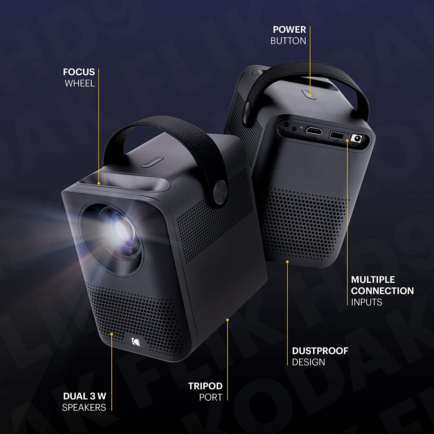KODAK FLIK HD9 Proyector inteligente | Mini película portátil negra para interiores y exteriores con aplicaciones de transmisión de TV Android, Wi-Fi y Bluetooth, altavoces integrados y control remoto de voz, FHD 1080p para pantallas de hasta 120 pulgadas