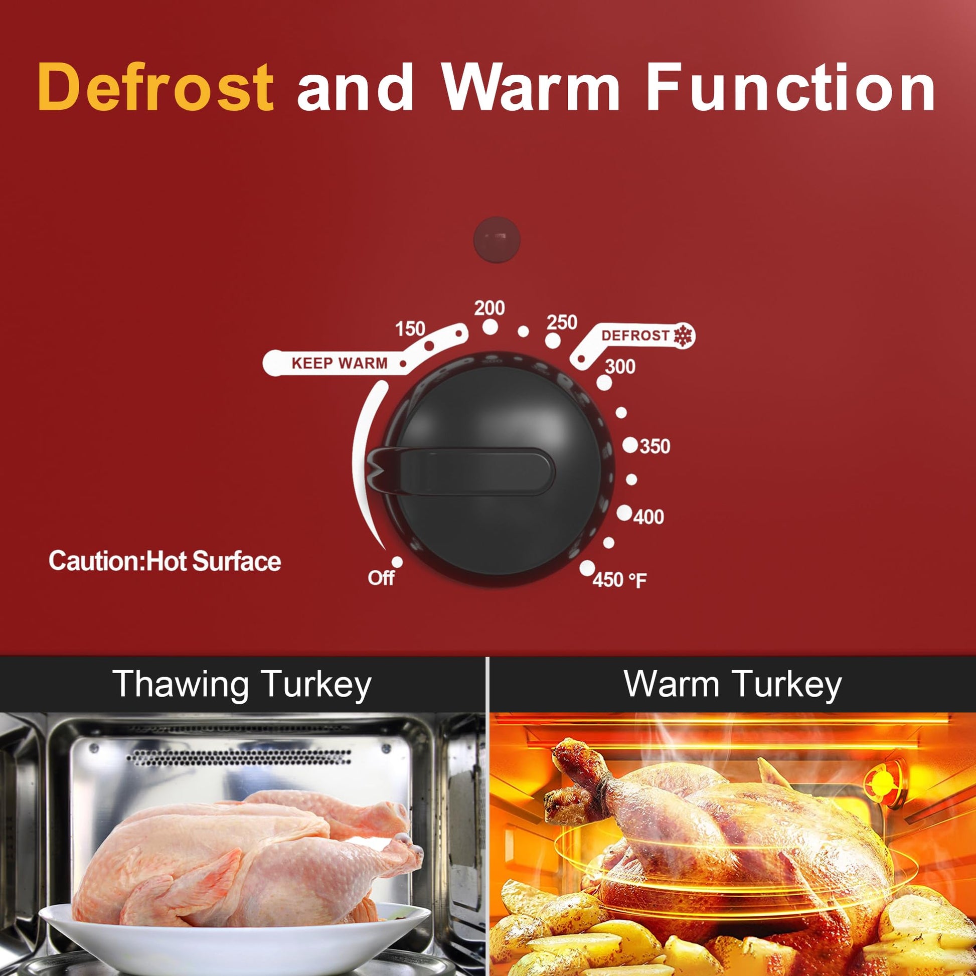 Horno tostador eléctrico de 26 cuartos con tapa visible y autohilado, tostador grande de pavo con función de descongelación caliente, temperatura ajustable, estante extraíble para sartén, acero