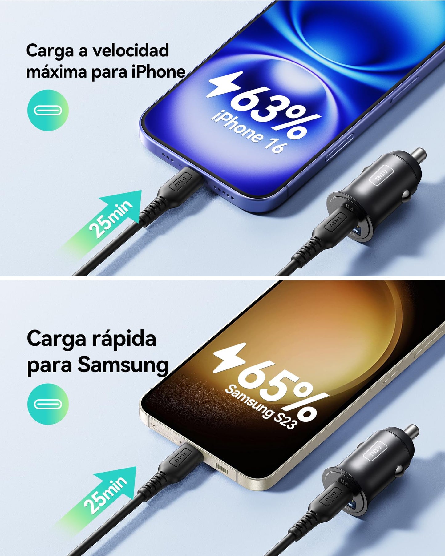 INIU Cargador Auto, USB C 30W+USB A 30W QC3.0 Car Phone Charger Cargador de Coche Adaptador Compatible con iPhone 16 15 14 13 12 Pro Plus MAX Mini Samsung S21 Huawei iPad Airpods Portátiles Tabletas