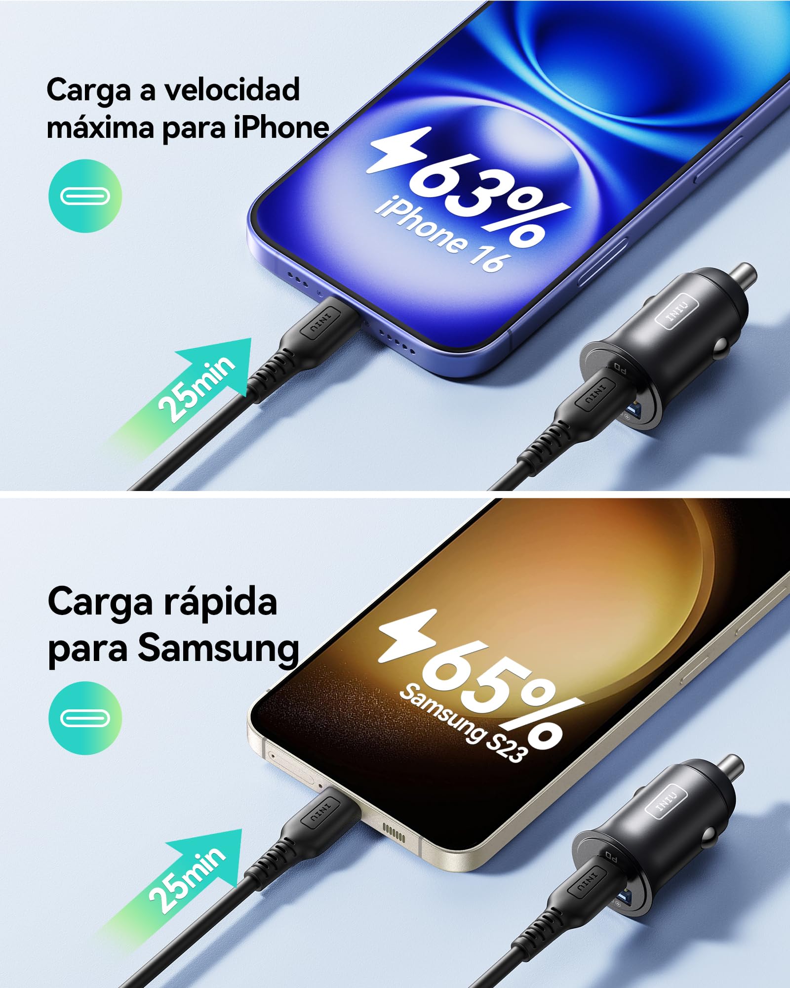 INIU Cargador Auto, USB C 30W+USB A 30W QC3.0 Car Phone Charger Cargador de Coche Adaptador Compatible con iPhone 16 15 14 13 12 Pro Plus MAX Mini Samsung S21 Huawei iPad Airpods Portátiles Tabletas