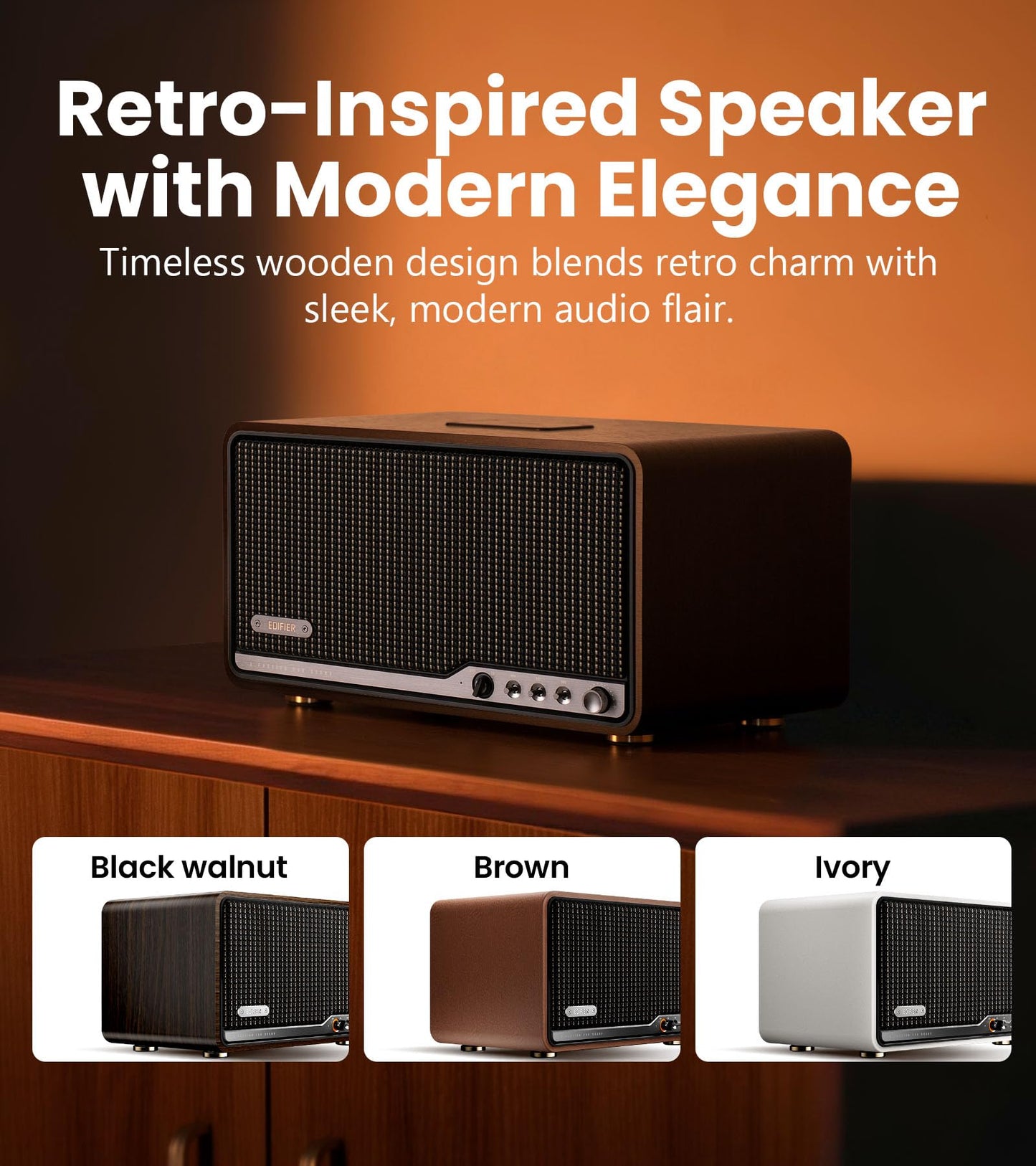 Edifier S300 Altavoz Retro de Mesa, Audio Hi-Res con Cable y Inalámbrico, Potencia 80W (RMS), Bluetooth 5.4 Multipunto, WiFi Multihabitación (AirPlay 2), Entradas AUX y USB-C, Marrón