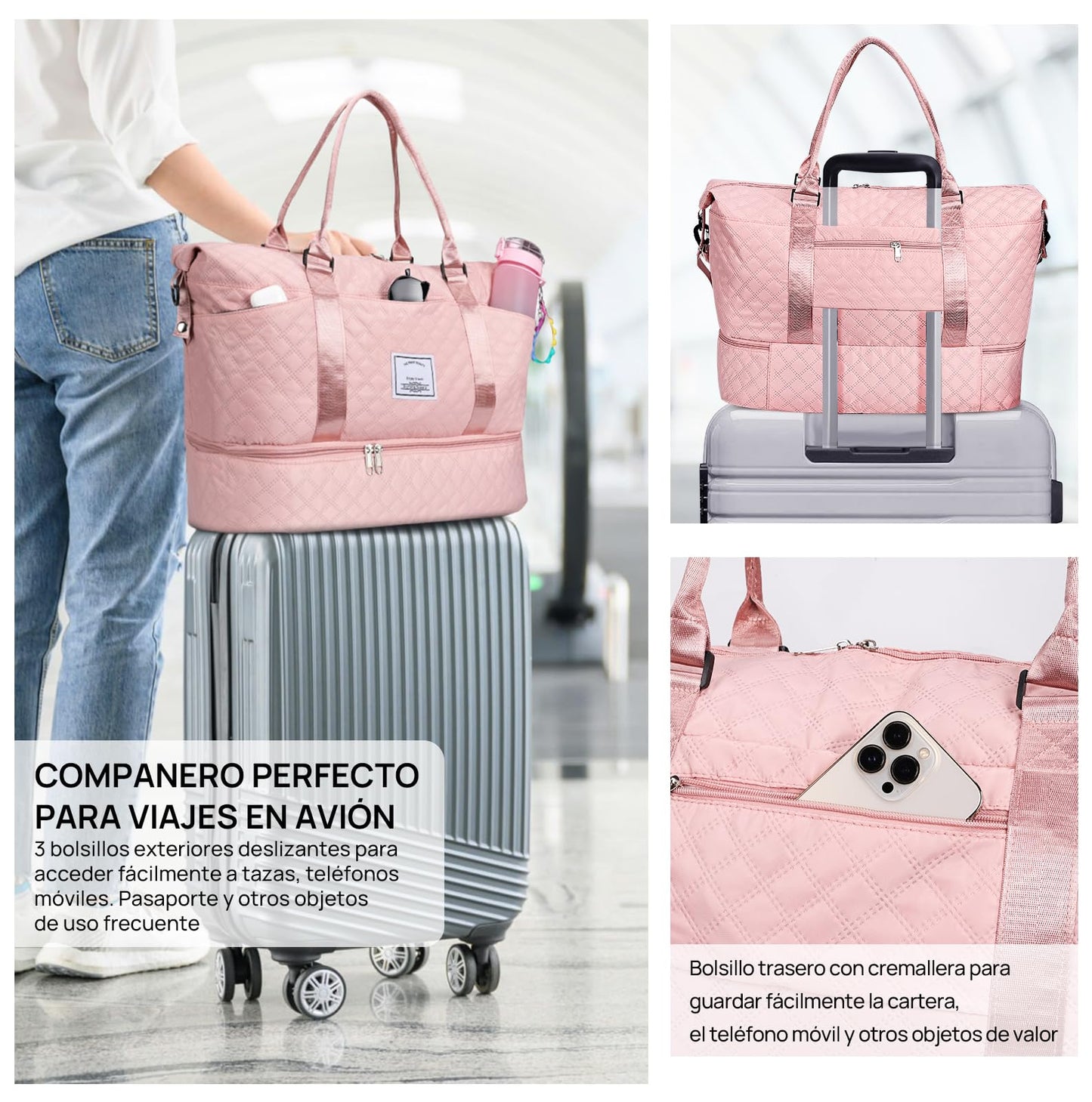 Bolsa de Deporte, Bolsa de Viaje Con Compartimento Para Zapatos y Neceser, Compartimentos Húmedo y Seco, Gran Capacidad, Resistente al Agua (rosa)