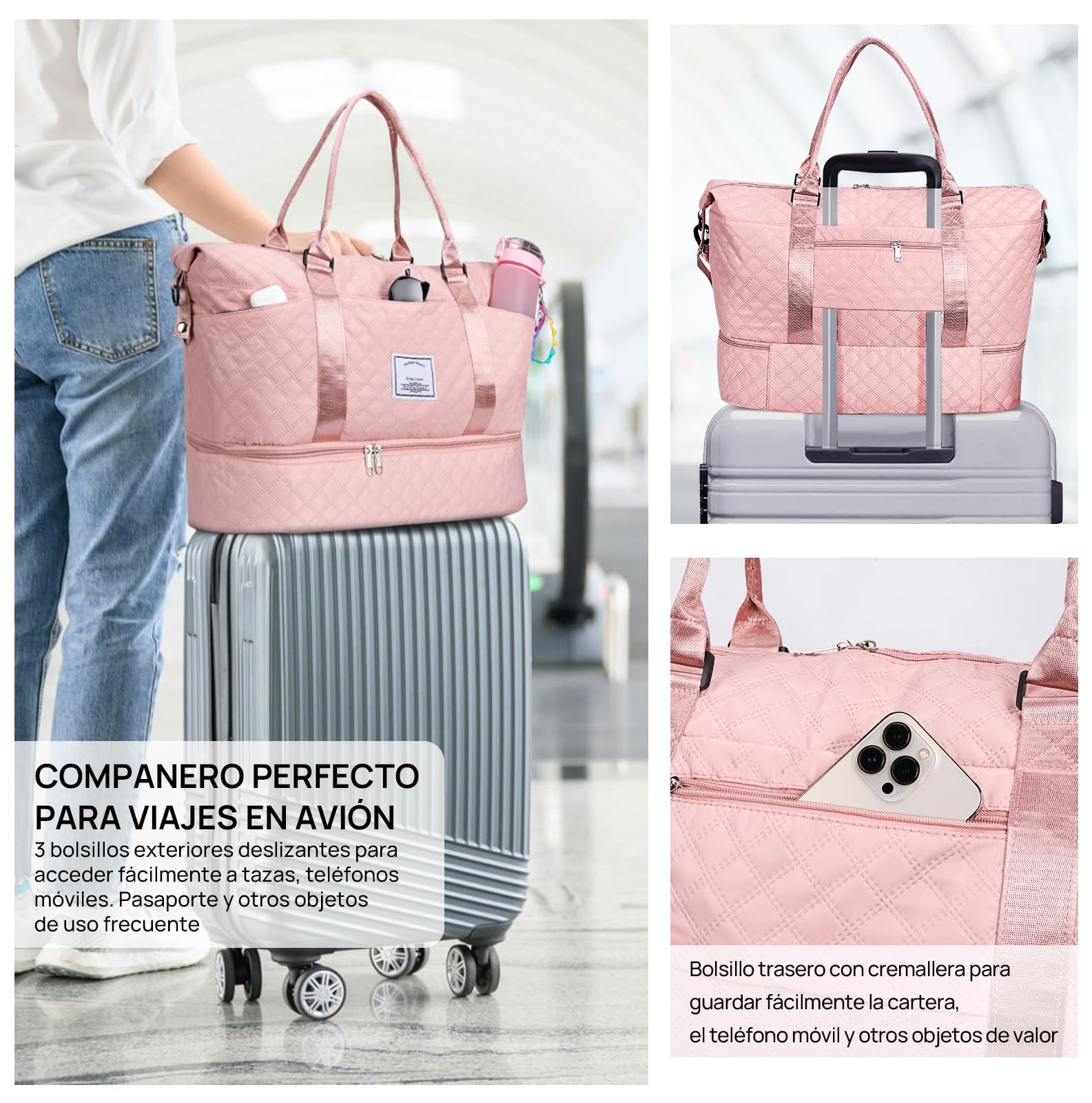 Bolsa de Deporte, Bolsa de Viaje Con Compartimento Para Zapatos y Neceser, Compartimentos Húmedo y Seco, Gran Capacidad, Resistente al Agua (rosa)