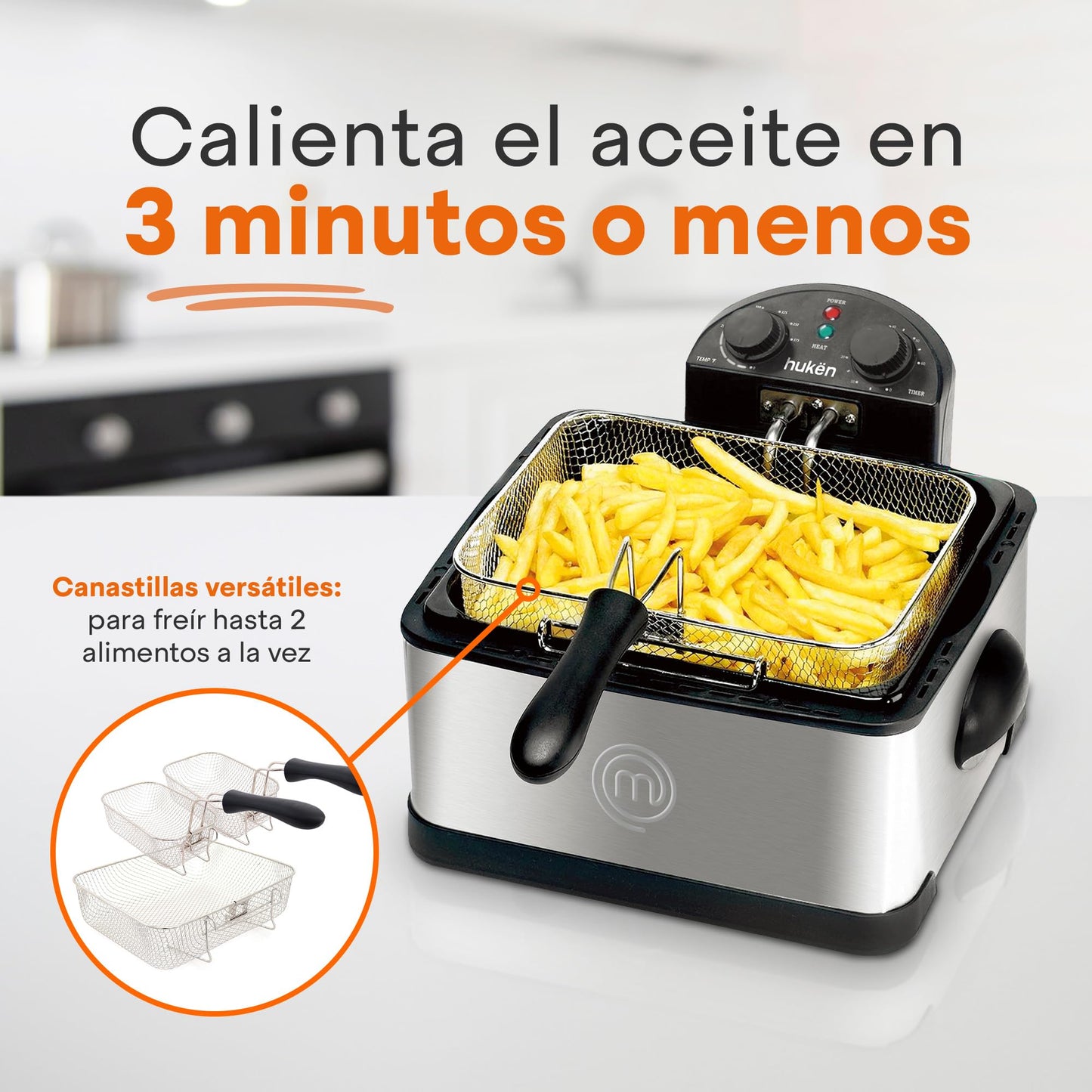 Hukën x MasterChef | Freidora de Aceite | Flash-Fry XL | Triple Basket | Capacidad 4 litros | Acero Inoxidable | Canastillas Removibles e intercambiables | 1700 W | MK-DF-4SSV2