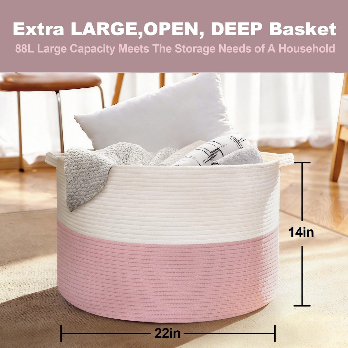 MEGASKET Cestas de almacenamiento rosas para organizar, 22 x 22 x 14 pulgadas, cesta de manta XXXL para sala de estar, cesta de juguetes grande, cestas tejidas de cuerda de algodón rosa suave para almacenamiento, cestas decorativas para guardería
