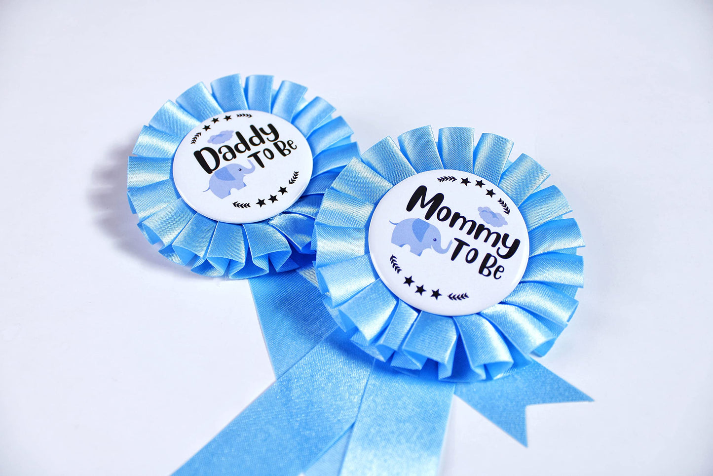 HAPPYLAND - Decoración de ducha para bebé, diseño de elefante azul, diseño de hojalata de mami a ser y papá a ser