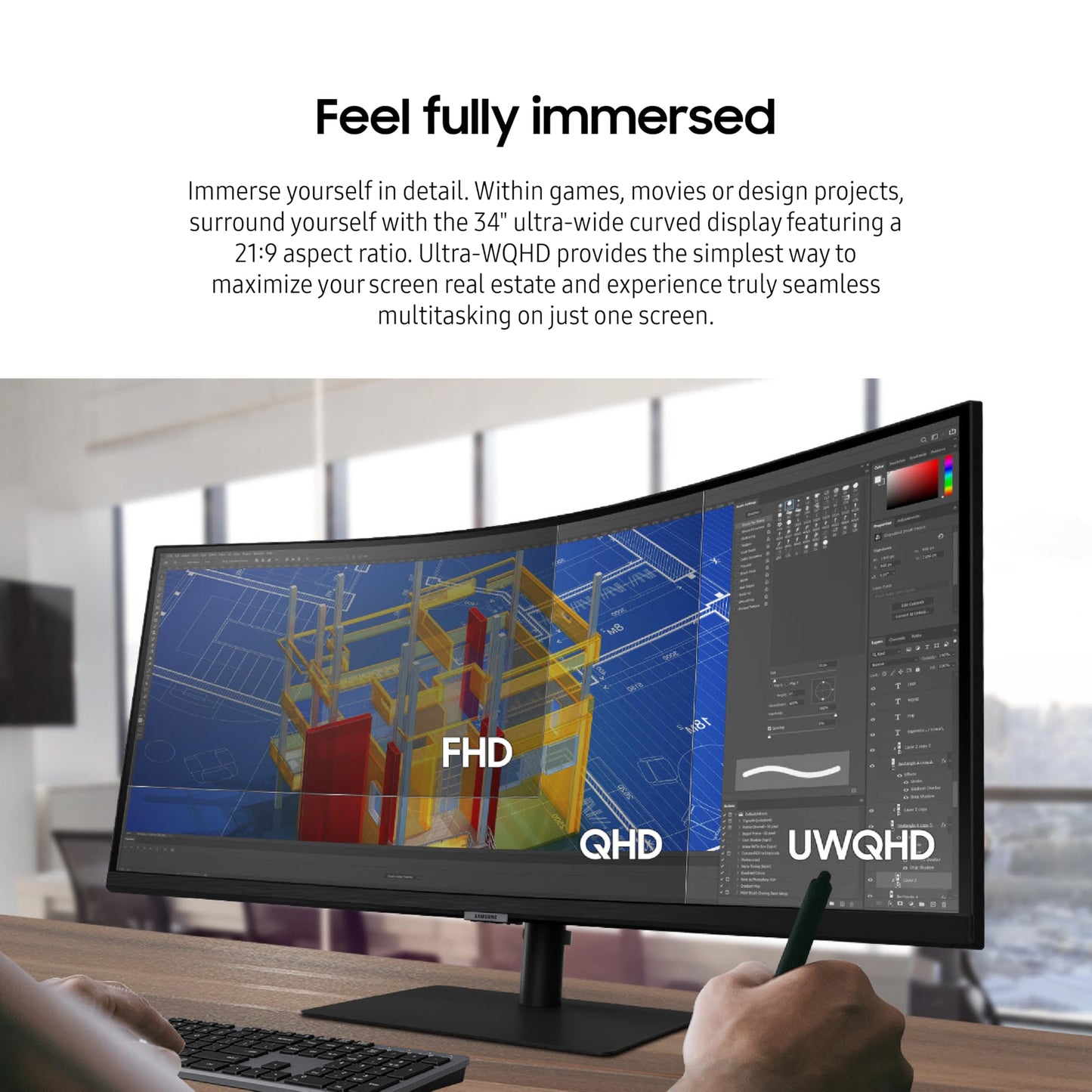 SAMSUNG Viewfinity S65UA Series 34-Inch Ultrawide QHD Curved Monitor, 100Hz, USB-C, HDR10 (1 Billion Colors), Height Adjustable Stand, TUV-Certified Intelligent Eye Care (LS34A654UBNXGO)