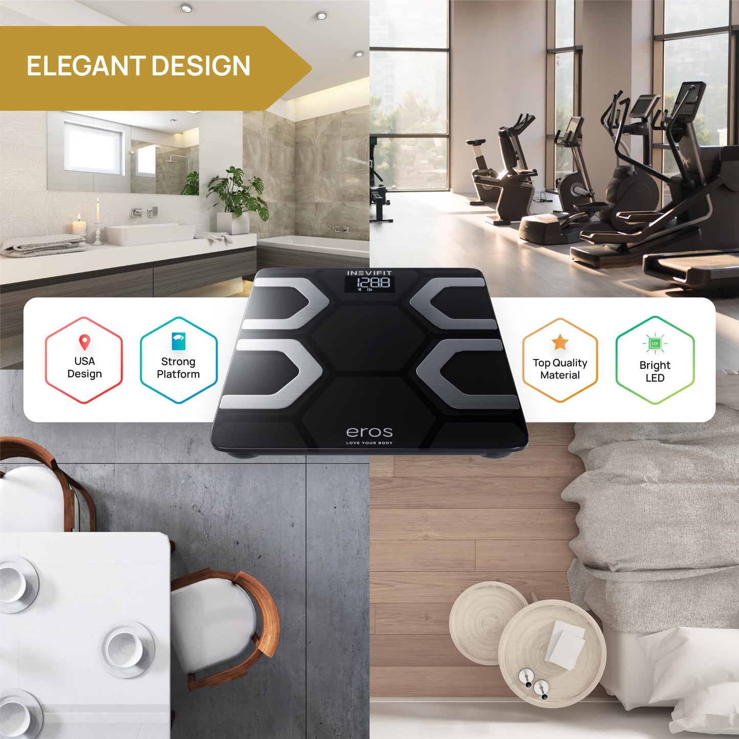 INEVIFIT EROS - Báscula digital de baño con Bluetooth y aplicación inalámbrica para smartphone (400 libras, 11,8 x 11,8 pulgadas), Negro, Large Platform 11.8"X11.8"