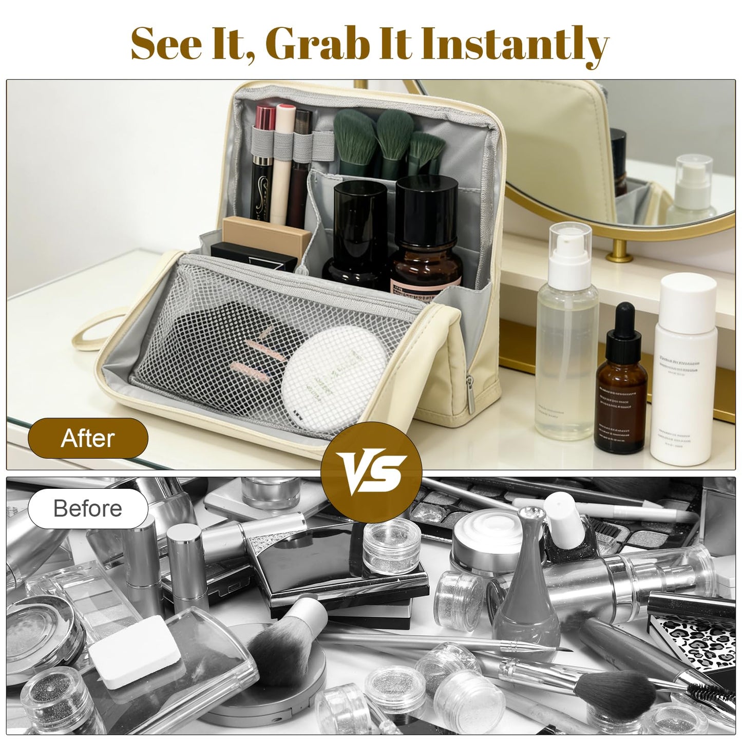 Seektik - Bolsa de maquillaje de pie con múltiples compartimentos, bolsa de maquillaje portátil impermeable plegable de viaje bolsa de maquillaje de pie con almacenamiento de cepillo para polvo para