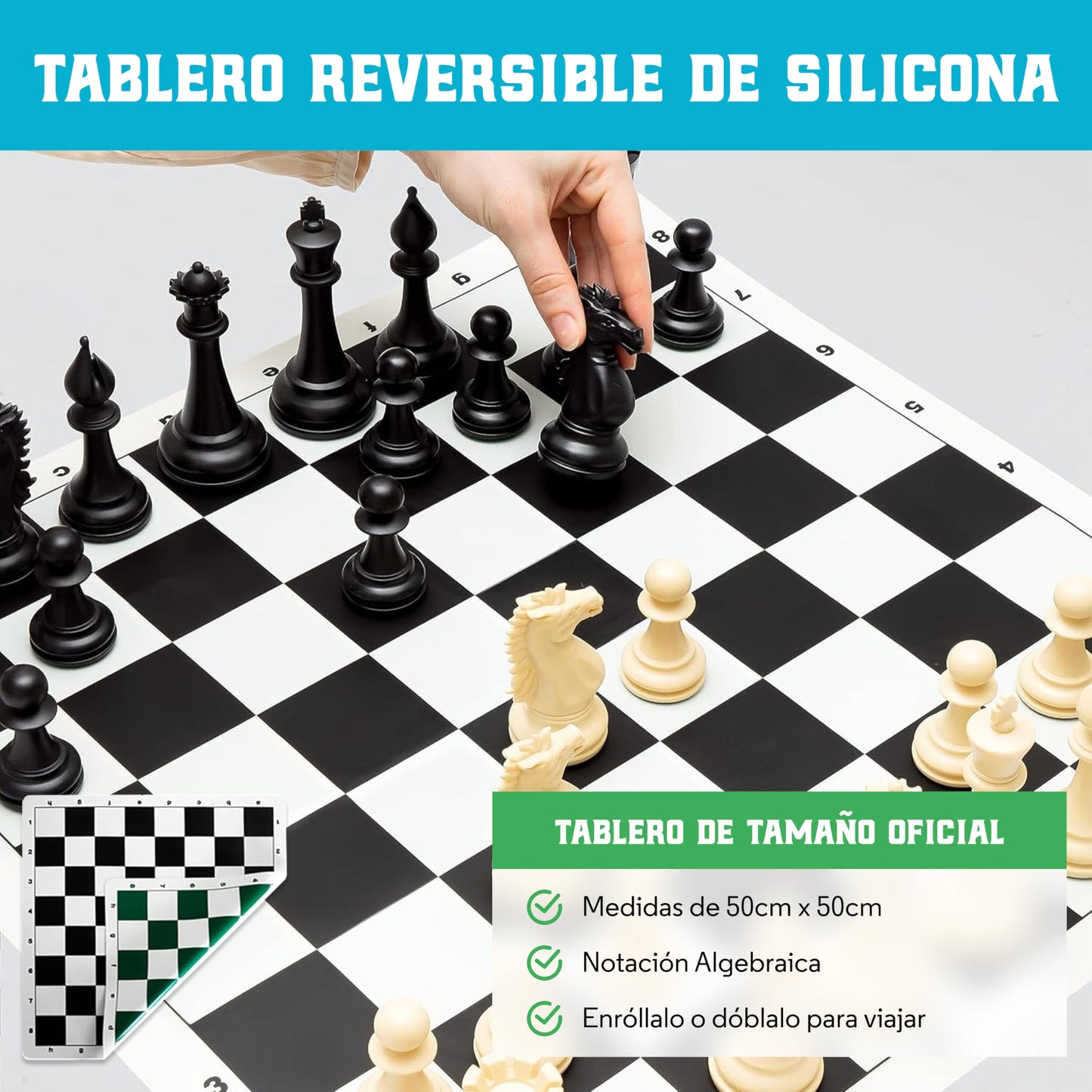 Best Chess Set Ever 4X Juego de Ajedrez Profesional Cuádruple Peso (Rey de 11,4 cm), Tablero Silicon Reversible 50x50 cm, Piezas Modernas Staunton Ponderadas, Ajedrez de Torneo para Adultos y Niños