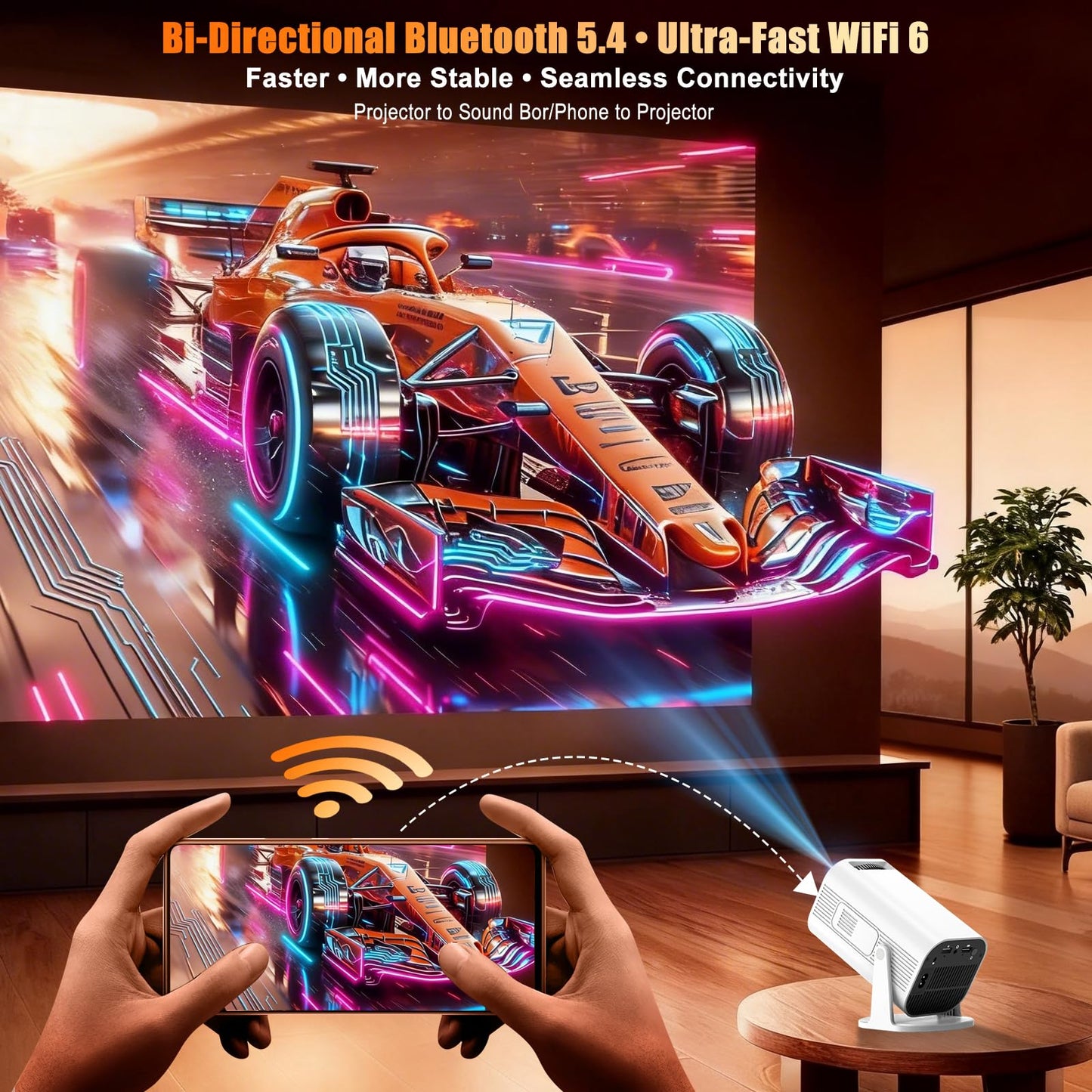 LJYT Mini proyector, 250 lúmenes ANSI, compatible con 4K, piedra clave automática, rotación de 210°, Bluetooth 5.4, WiFi 6, Android 11, 1080P portátil, compatible con smartphone/TV Stick/HDMI/USB/PS5.