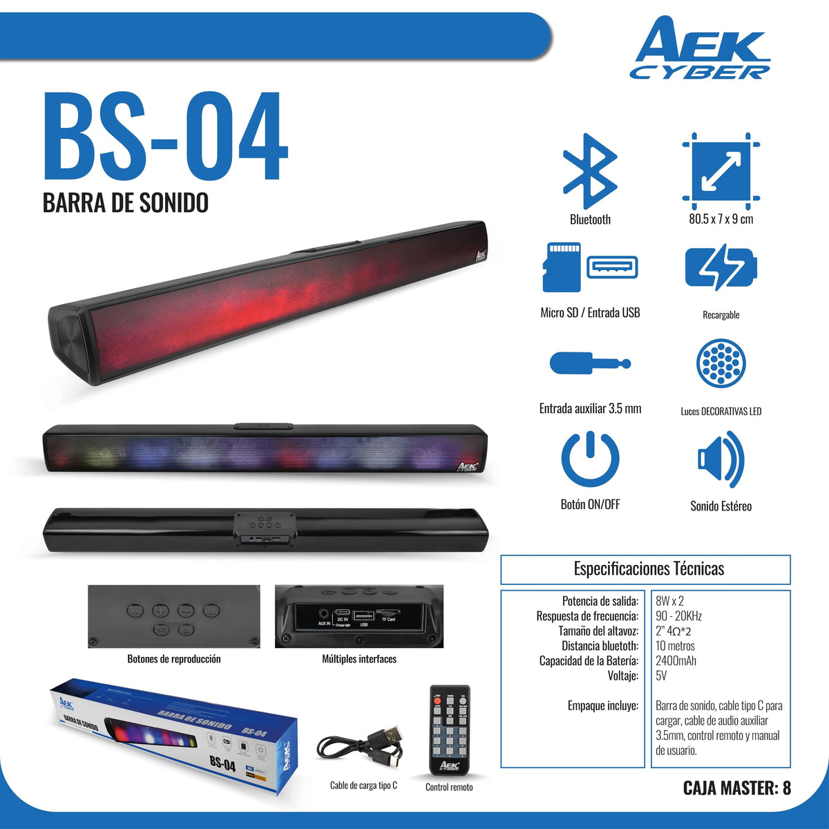 Barra de Sonido AEK CYBER Negra con Panel led y Bocina Bluetooth